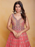 Fabulous Peach Thread Work Georgette Festival Wear Gown With Dupatta - Zeel Clothing