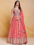 Fabulous Peach Thread Work Georgette Festival Wear Gown With Dupatta - Zeel Clothing