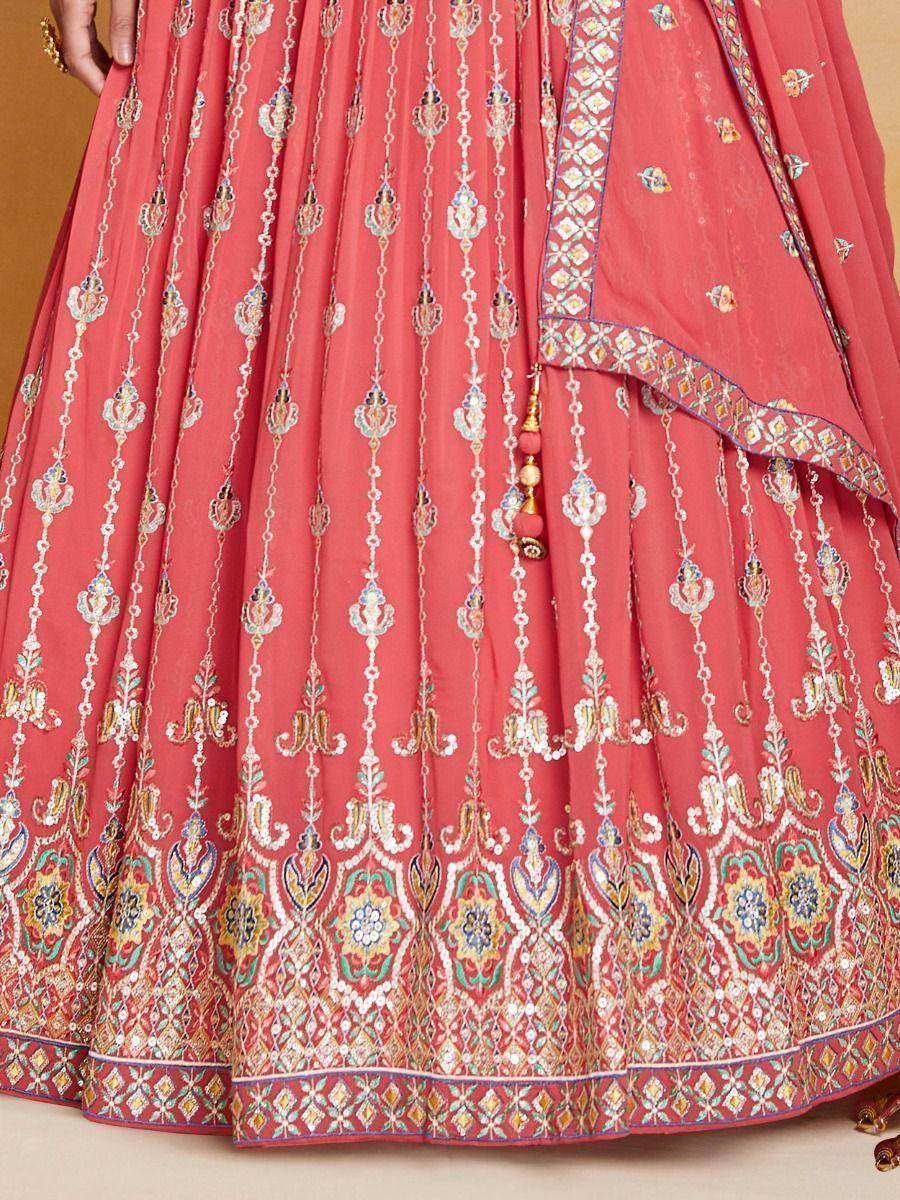 Fabulous Peach Thread Work Georgette Festival Wear Gown With Dupatta - Zeel Clothing