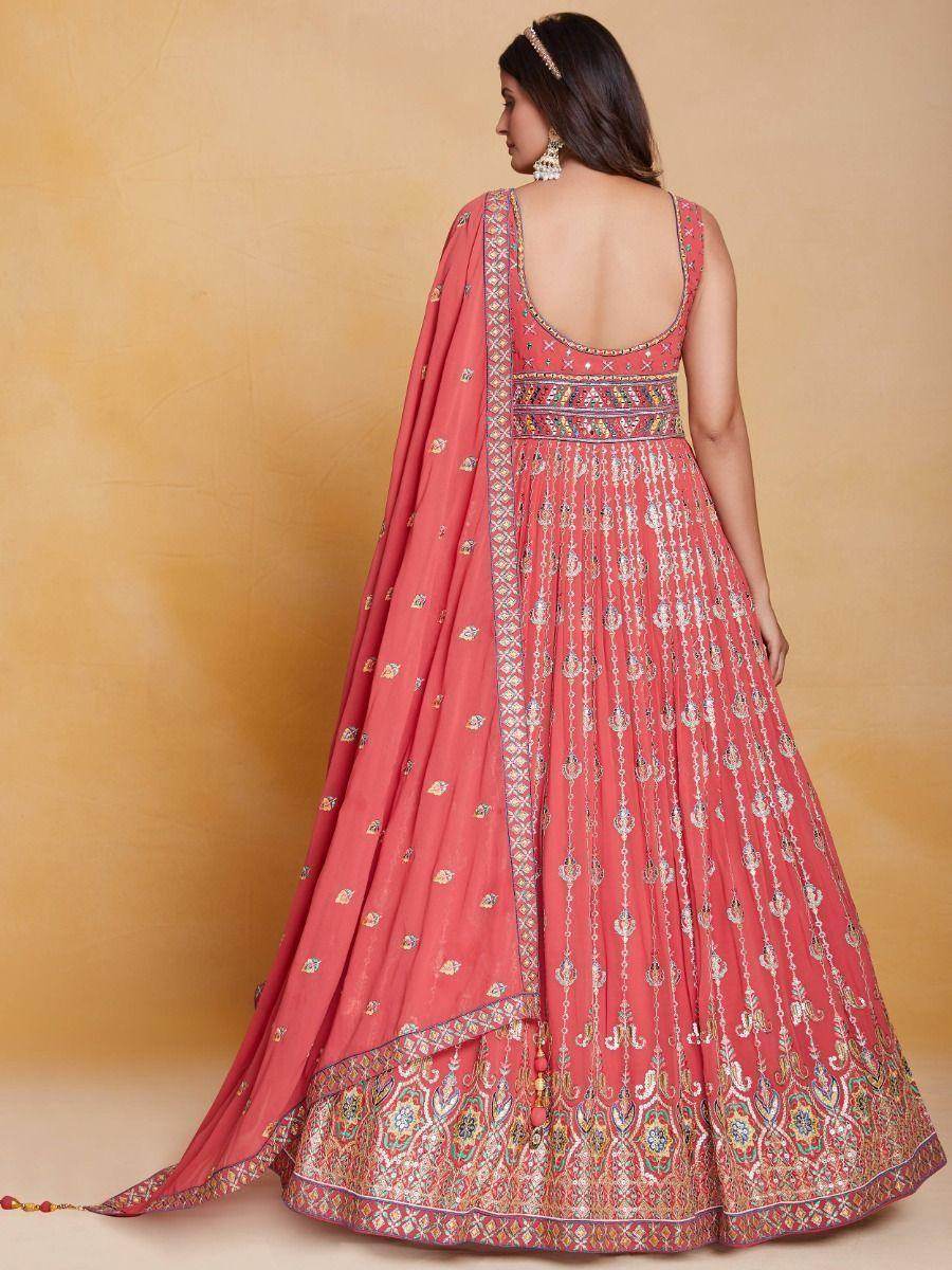 Fabulous Peach Thread Work Georgette Festival Wear Gown With Dupatta - Zeel Clothing