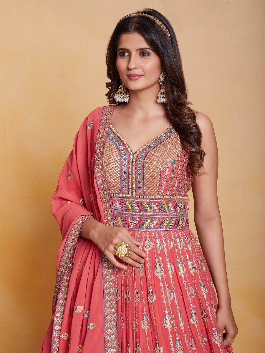 Fabulous Peach Thread Work Georgette Festival Wear Gown With Dupatta - Zeel Clothing