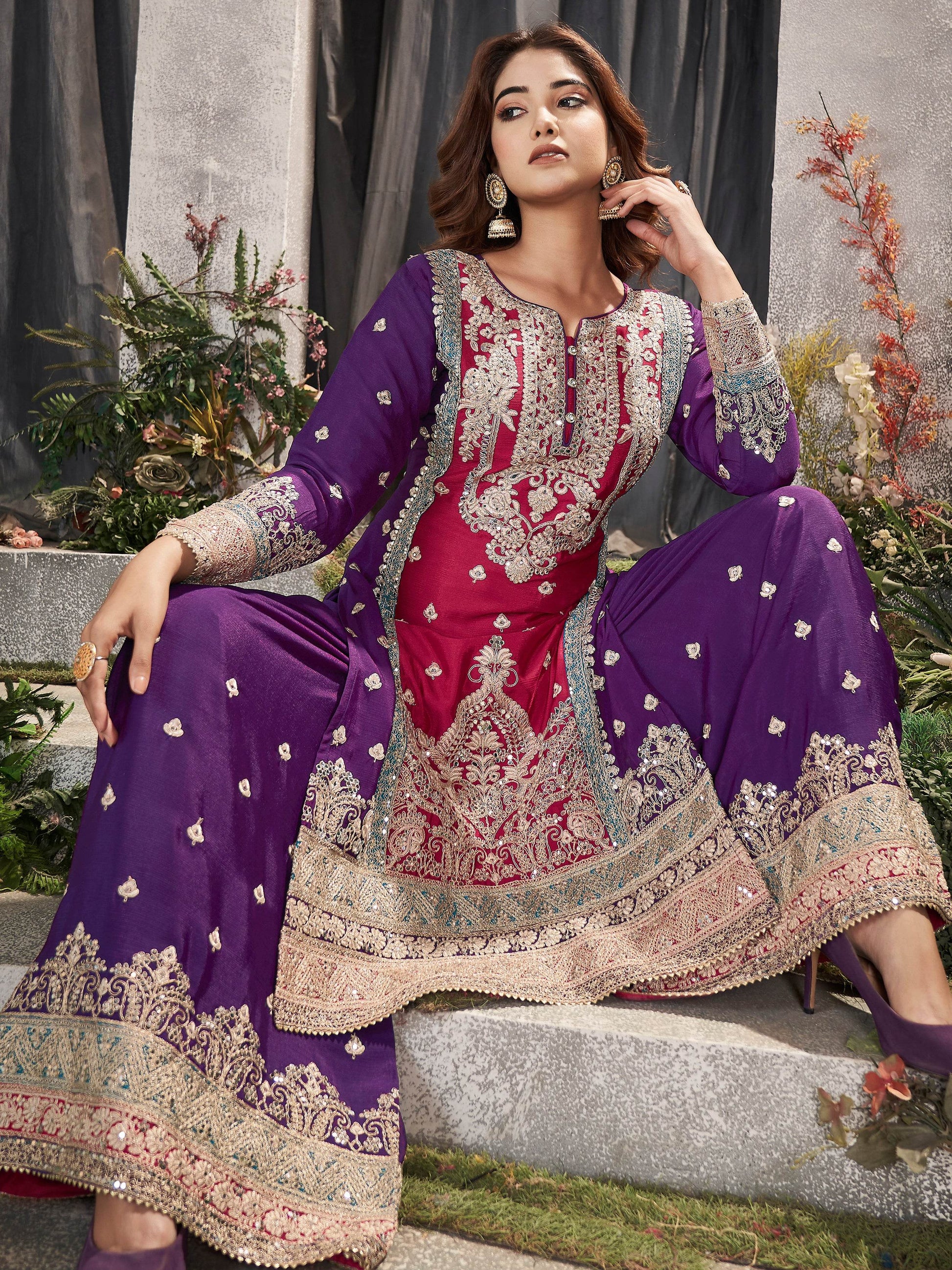 Fabulous Pink & Purple Embroidered Chinon Palazzo Suit With Dupatta - Zeel Clothing
