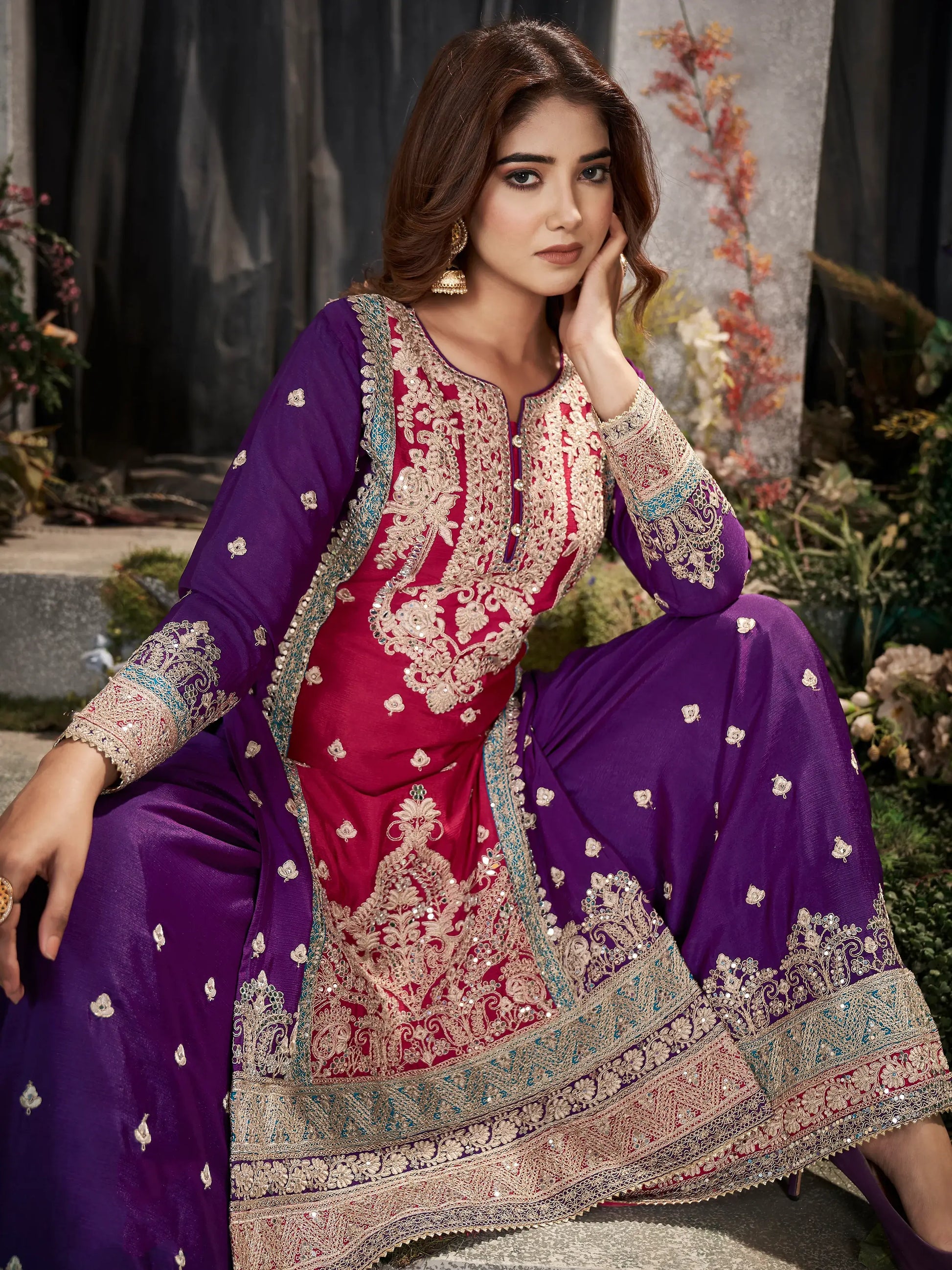 Fabulous Pink & Purple Embroidered Chinon Palazzo Suit With Dupatta - Zeel Clothing