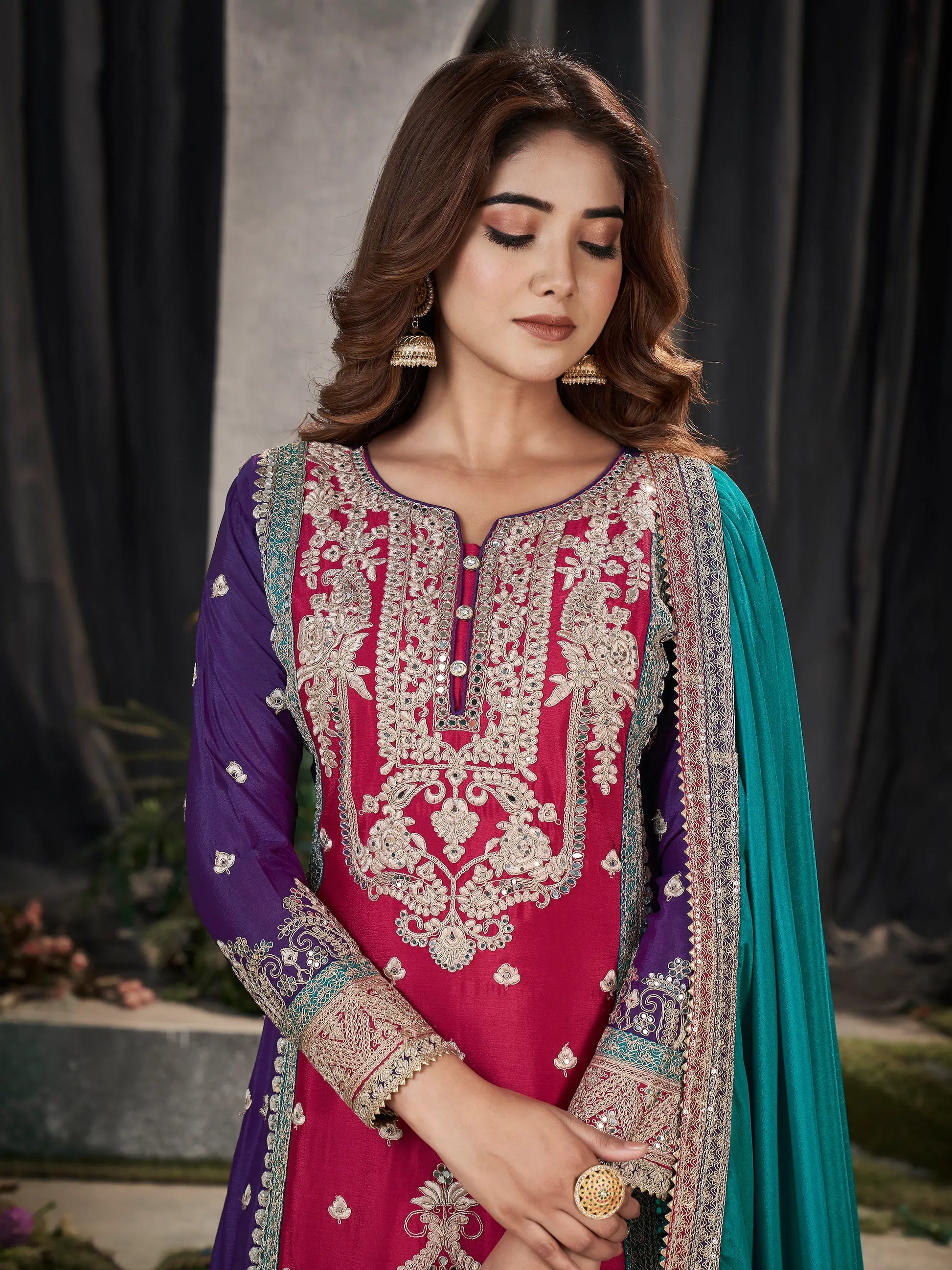 Fabulous Pink & Purple Embroidered Chinon Palazzo Suit With Dupatta - Zeel Clothing