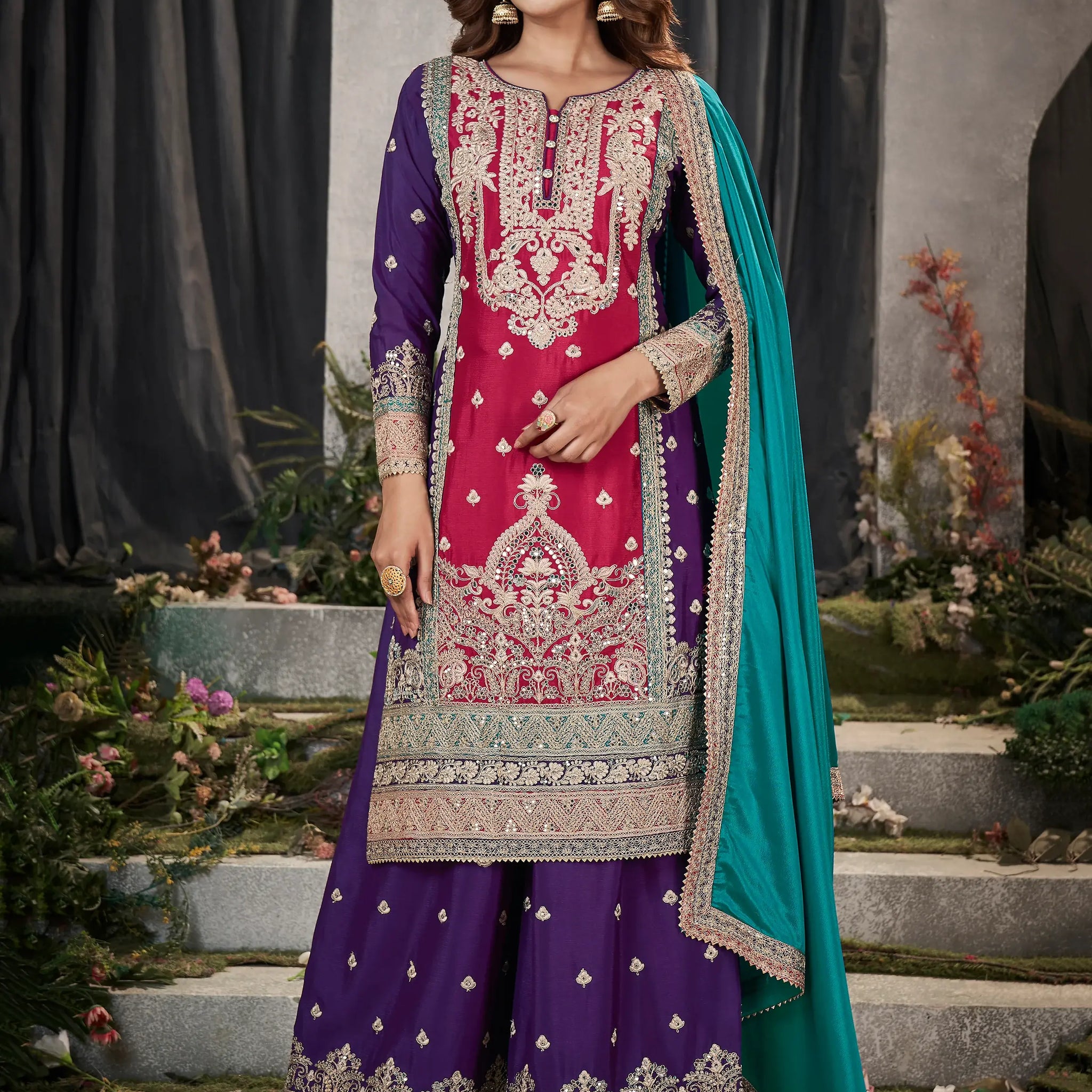 Fabulous Pink & Purple Embroidered Chinon Palazzo Suit With Dupatta - Zeel Clothing