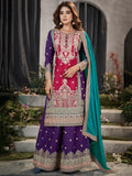 Fabulous Pink & Purple Embroidered Chinon Palazzo Suit With Dupatta - Zeel Clothing