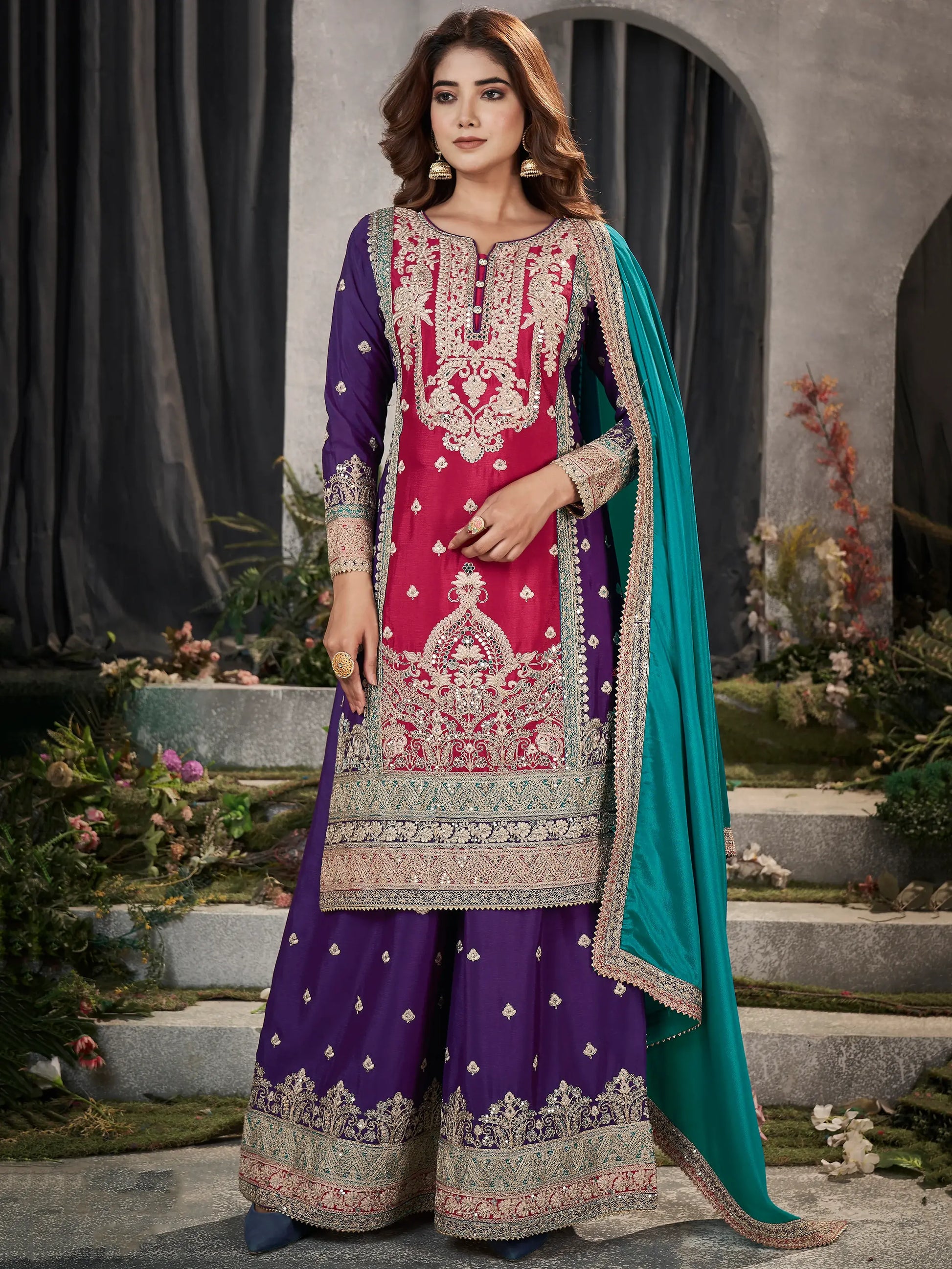 Fabulous Pink & Purple Embroidered Chinon Palazzo Suit With Dupatta - Zeel Clothing