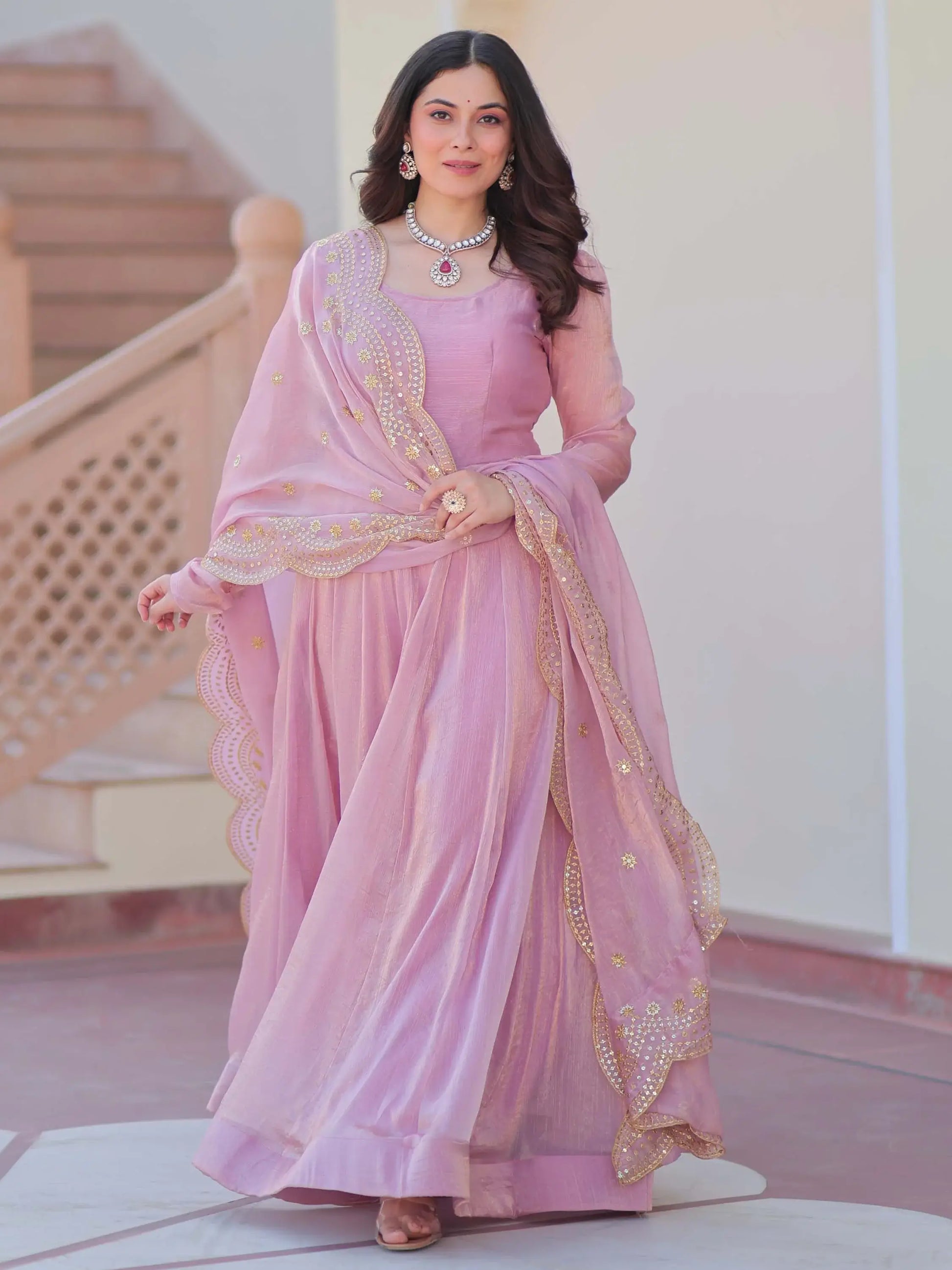 Fabulous Pink Chiffon Festival Wear Gown With Sequin Dupatta - Zeel Clothing