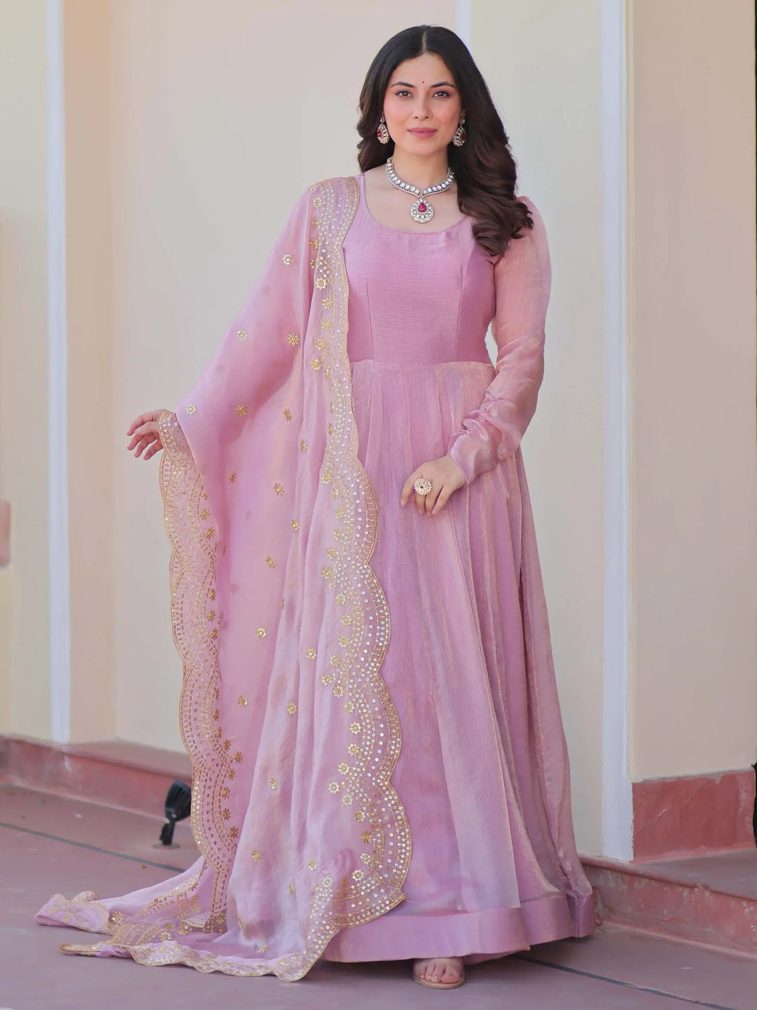 Fabulous Pink Chiffon Festival Wear Gown With Sequin Dupatta - Zeel Clothing