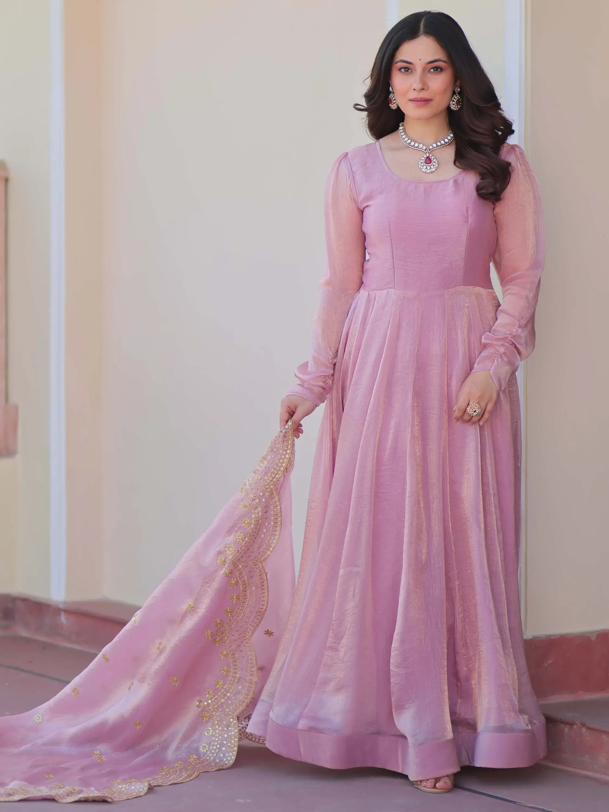 Fabulous Pink Chiffon Festival Wear Gown With Sequin Dupatta - Zeel Clothing