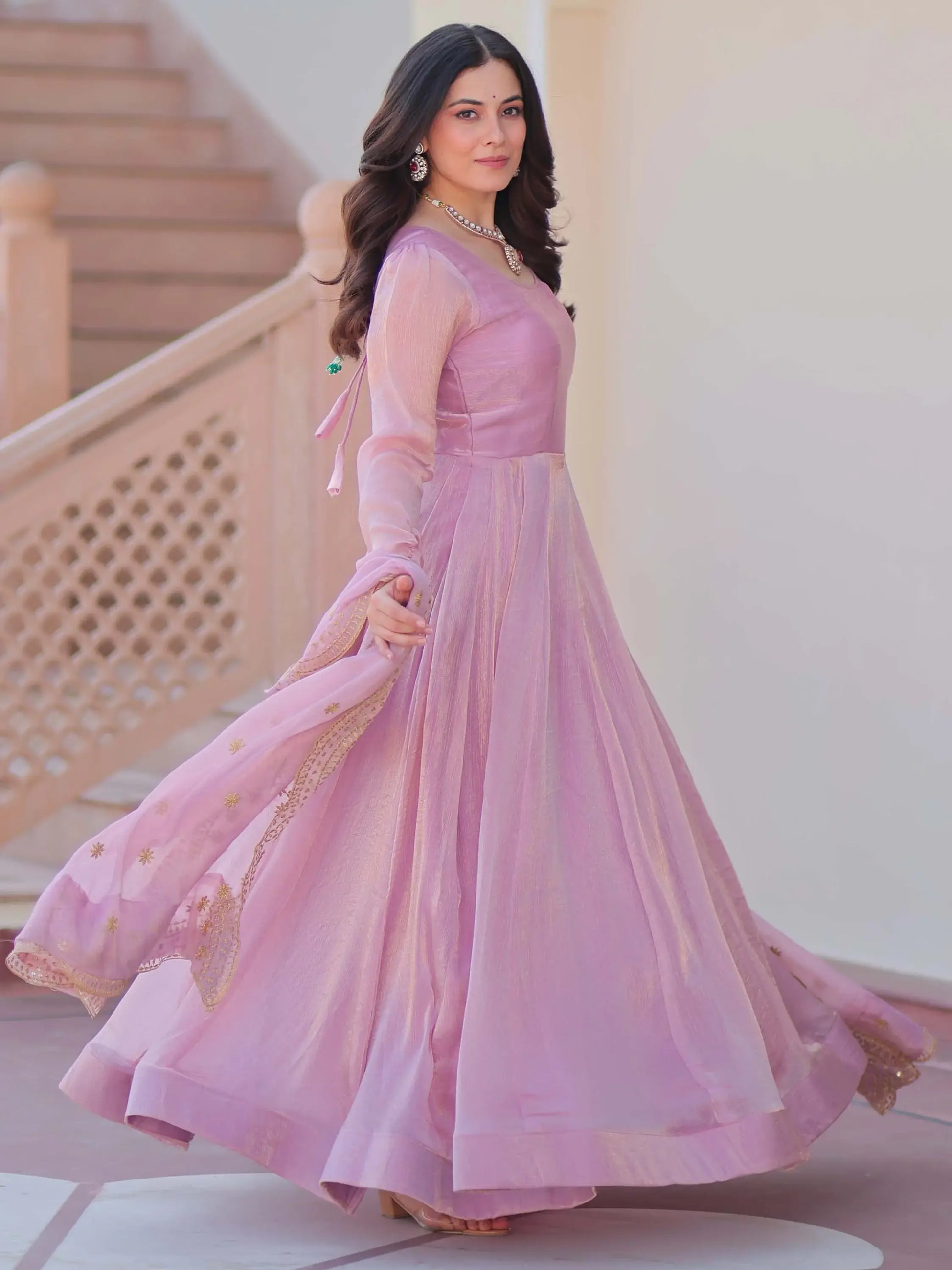Fabulous Pink Chiffon Festival Wear Gown With Sequin Dupatta - Zeel Clothing