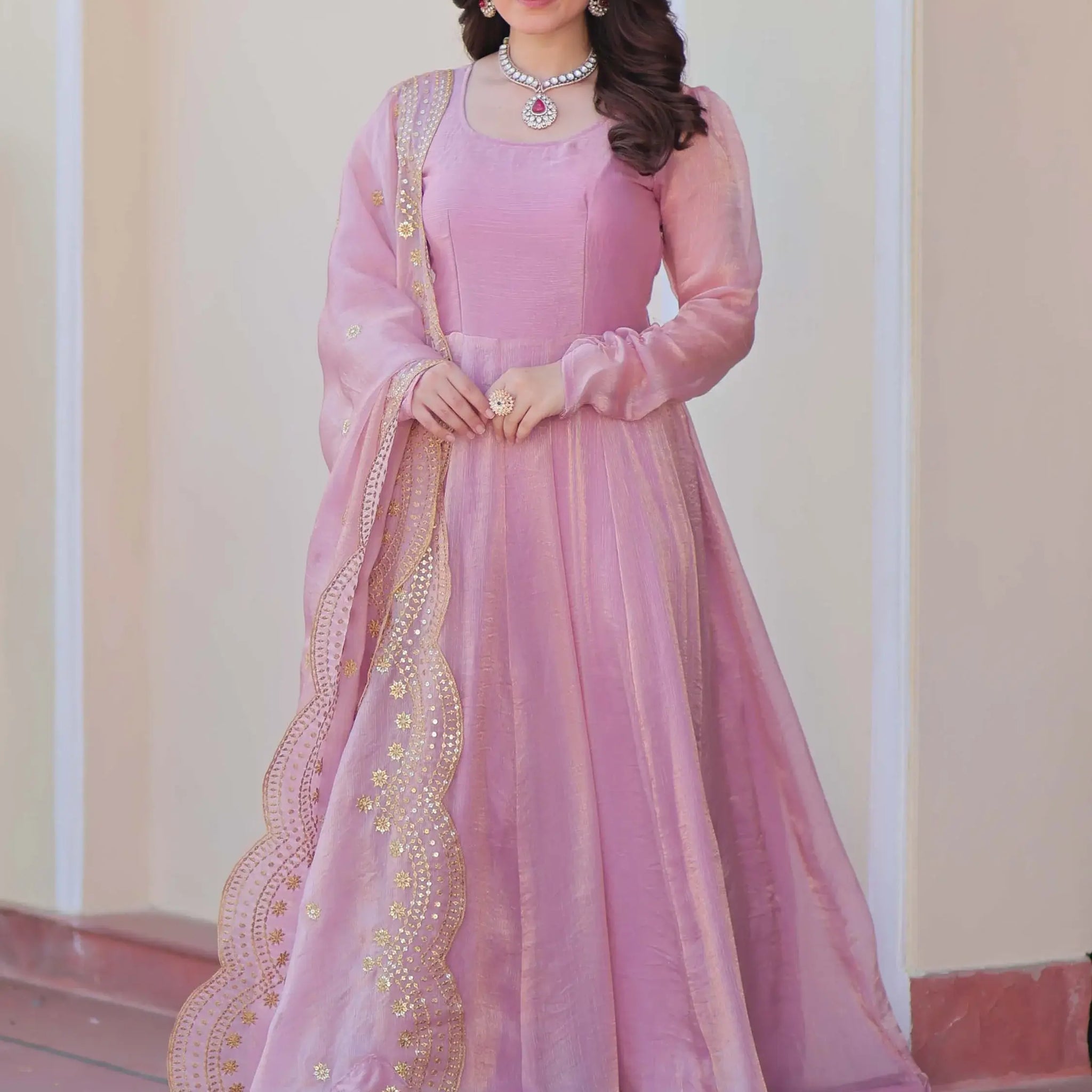 Fabulous Pink Chiffon Festival Wear Gown With Sequin Dupatta - Zeel Clothing
