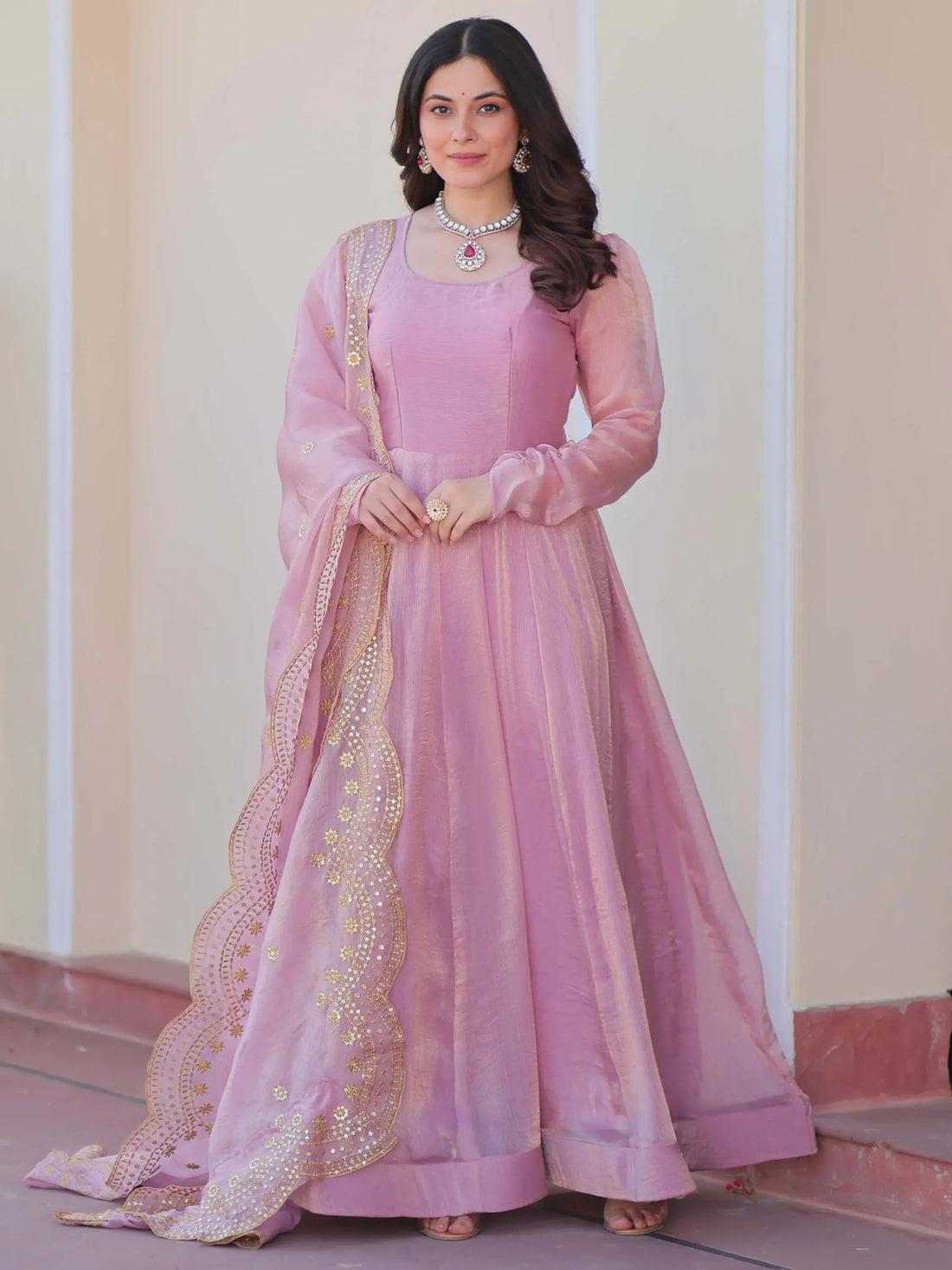 Fabulous Pink Chiffon Festival Wear Gown With Sequin Dupatta - Zeel Clothing