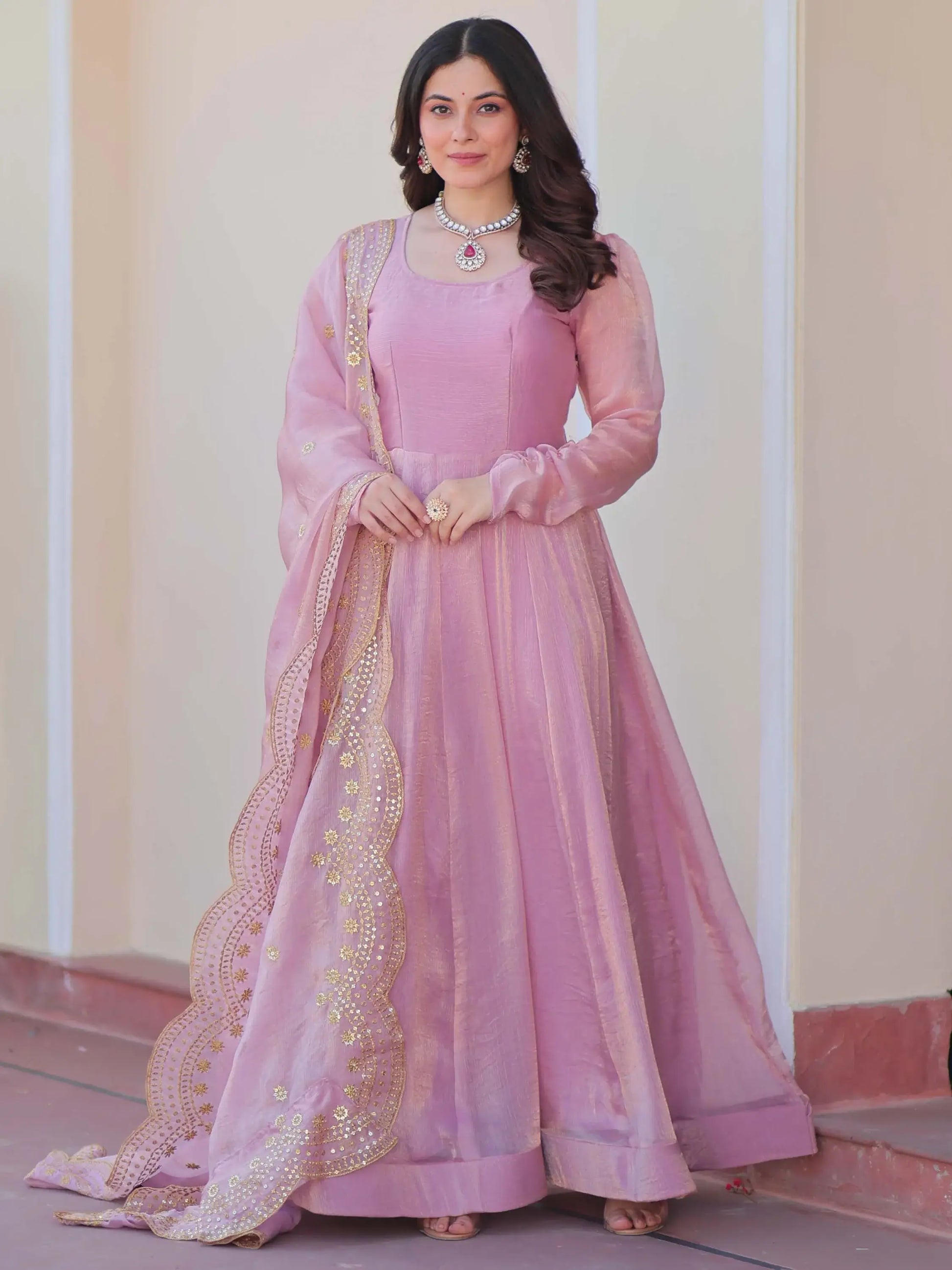 Fabulous Pink Chiffon Festival Wear Gown With Sequin Dupatta - Zeel Clothing