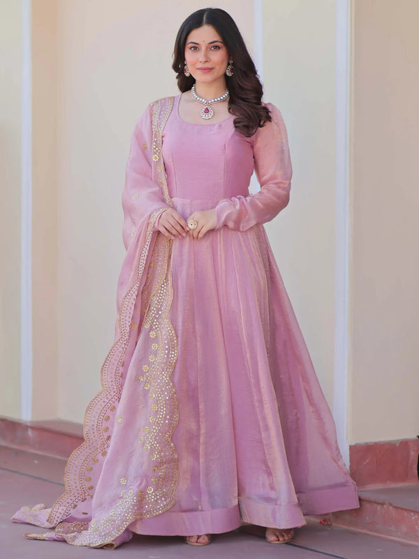 Fabulous Pink Chiffon Festival Wear Gown With Sequin Dupatta - Zeel Clothing