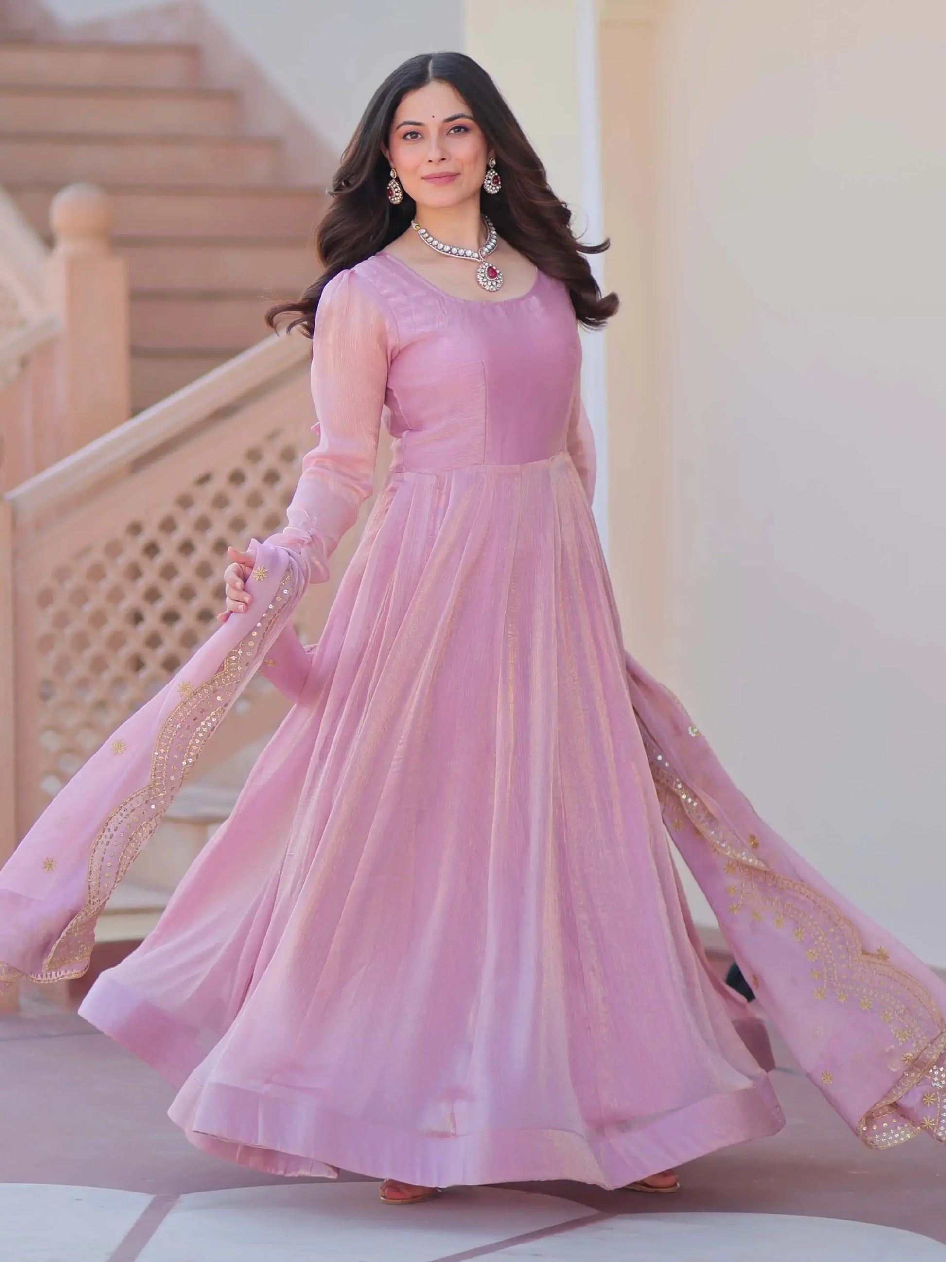 Fabulous Pink Chiffon Festival Wear Gown With Sequin Dupatta - Zeel Clothing