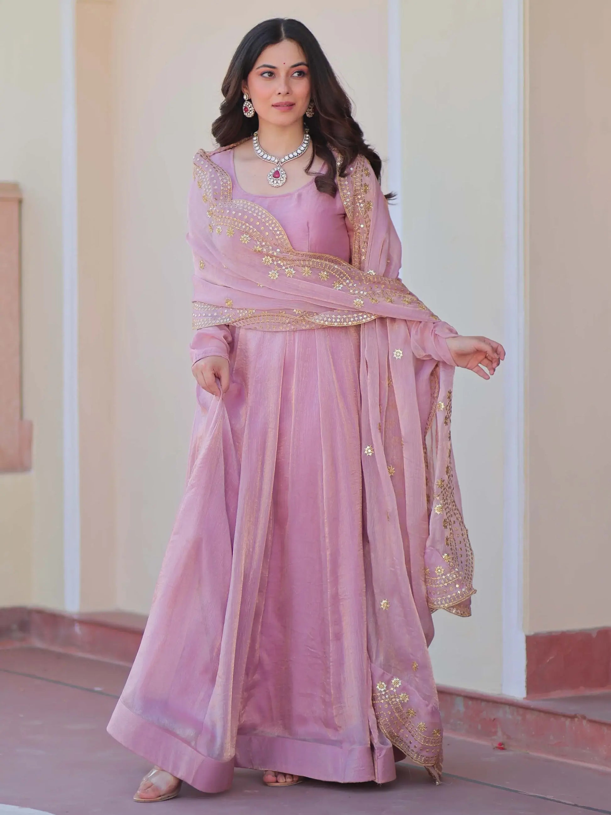 Fabulous Pink Chiffon Festival Wear Gown With Sequin Dupatta - Zeel Clothing