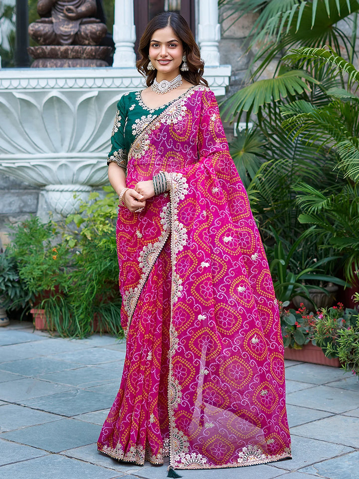 Fabulous Pink Georgette Pure Bandhani Festive Wear Saree With Blouse - Zeel Clothing