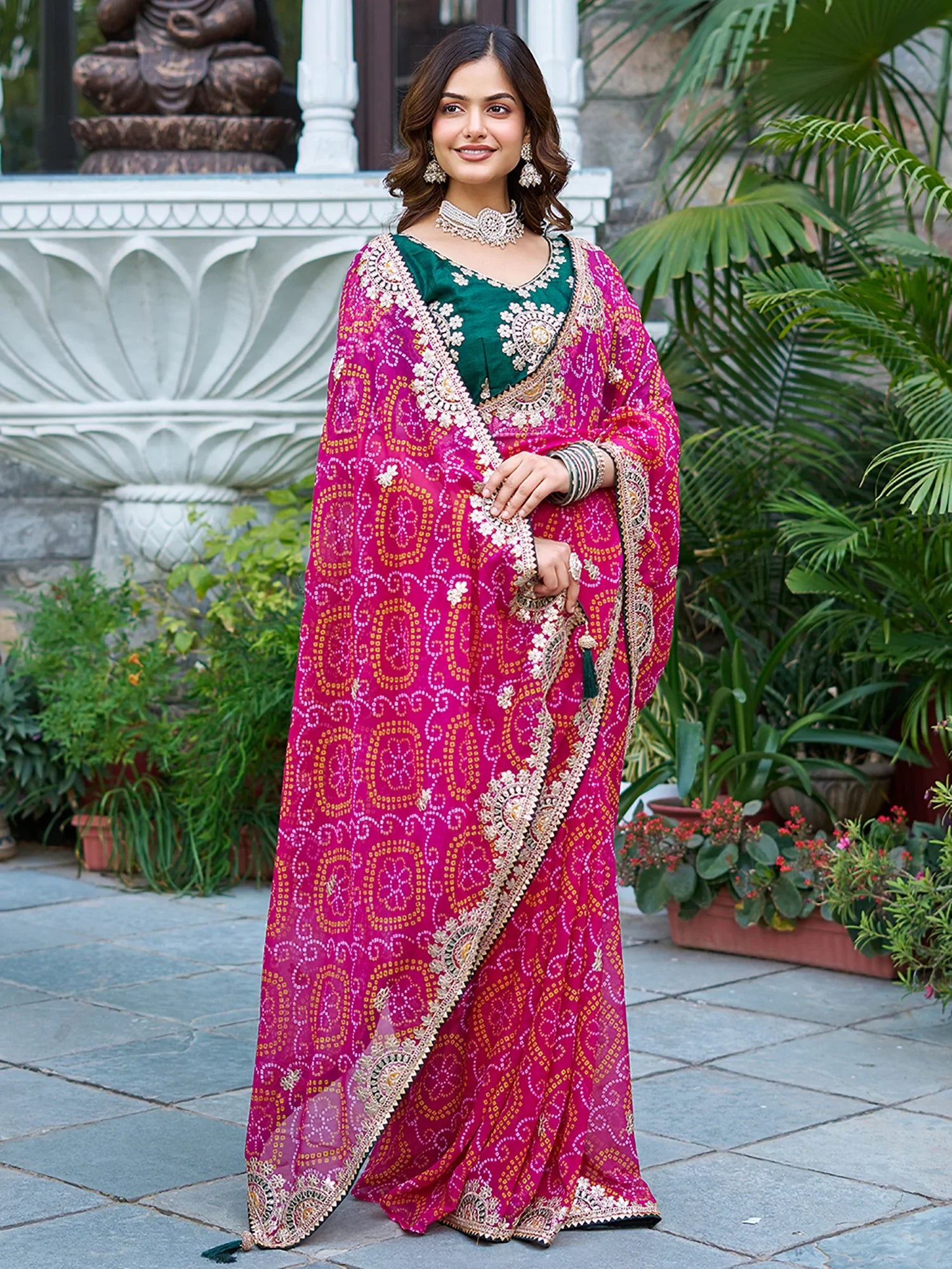 Fabulous Pink Georgette Pure Bandhani Festive Wear Saree With Blouse - Zeel Clothing