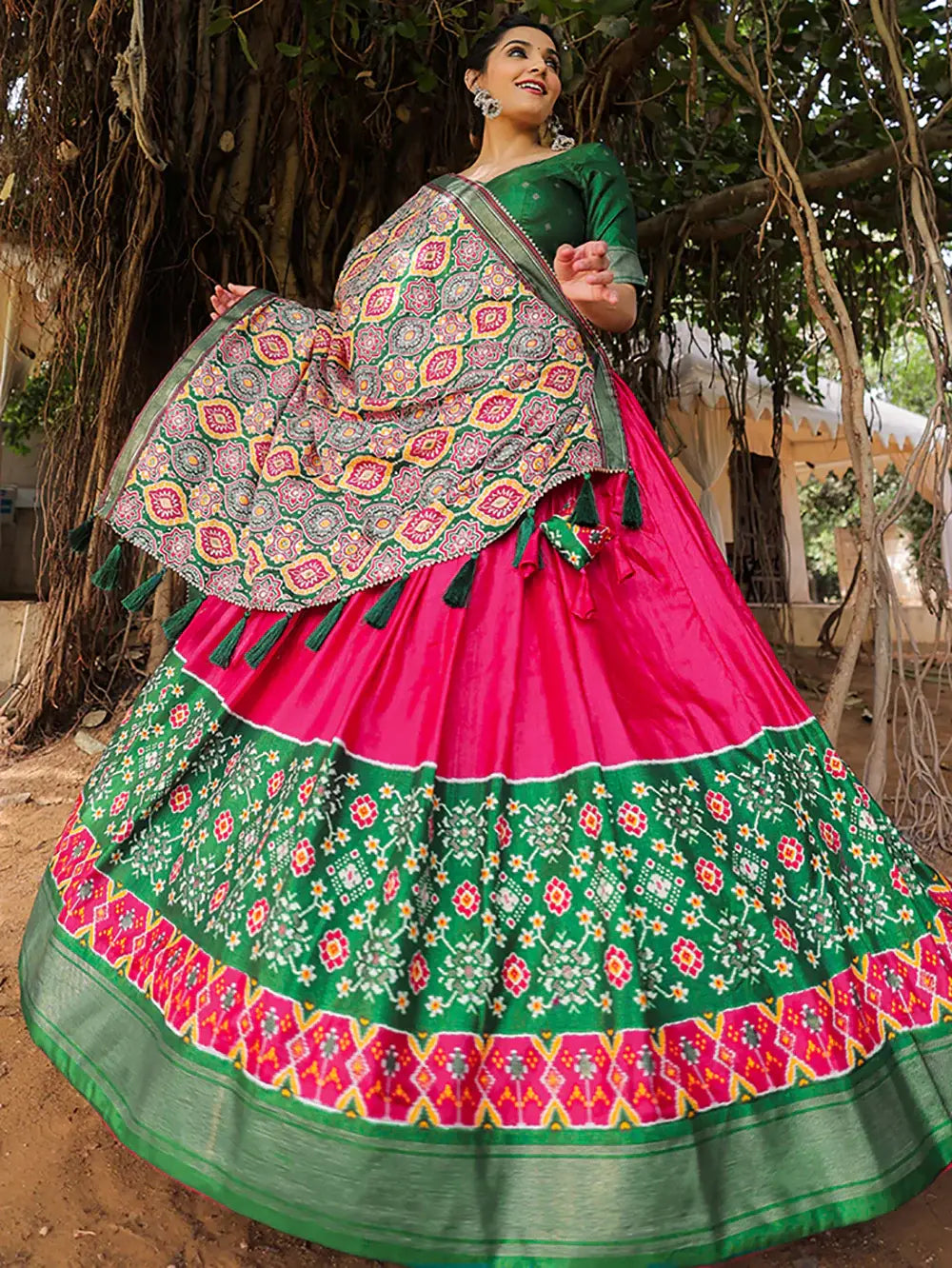 Fabulous Pink Green Patola Printed Silk Garba Wear Lehenga Choli - Zeel Clothing