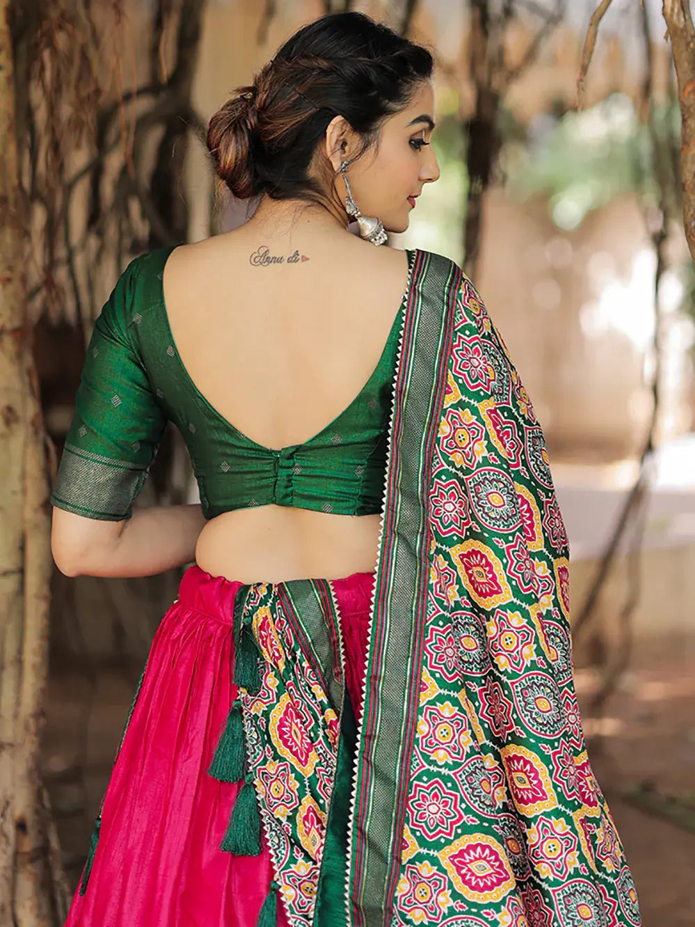 Fabulous Pink Green Patola Printed Silk Garba Wear Lehenga Choli - Zeel Clothing