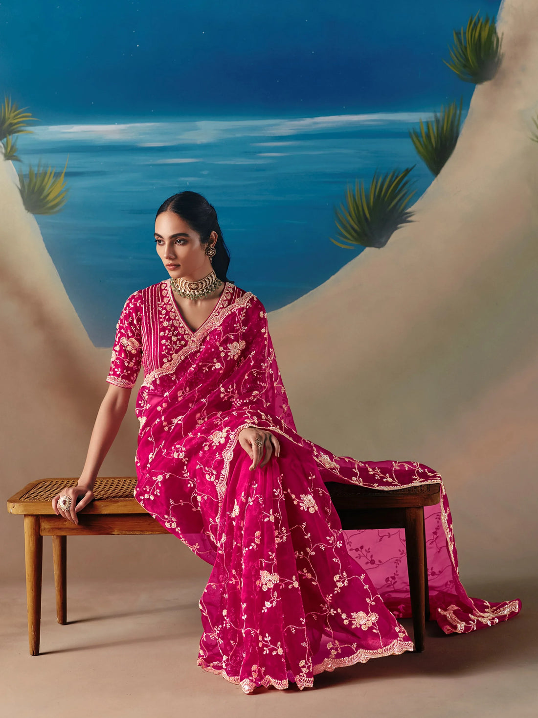 Fabulous Pink Heavy Embroidered Georgette Engagement Wear Saree With Blouse