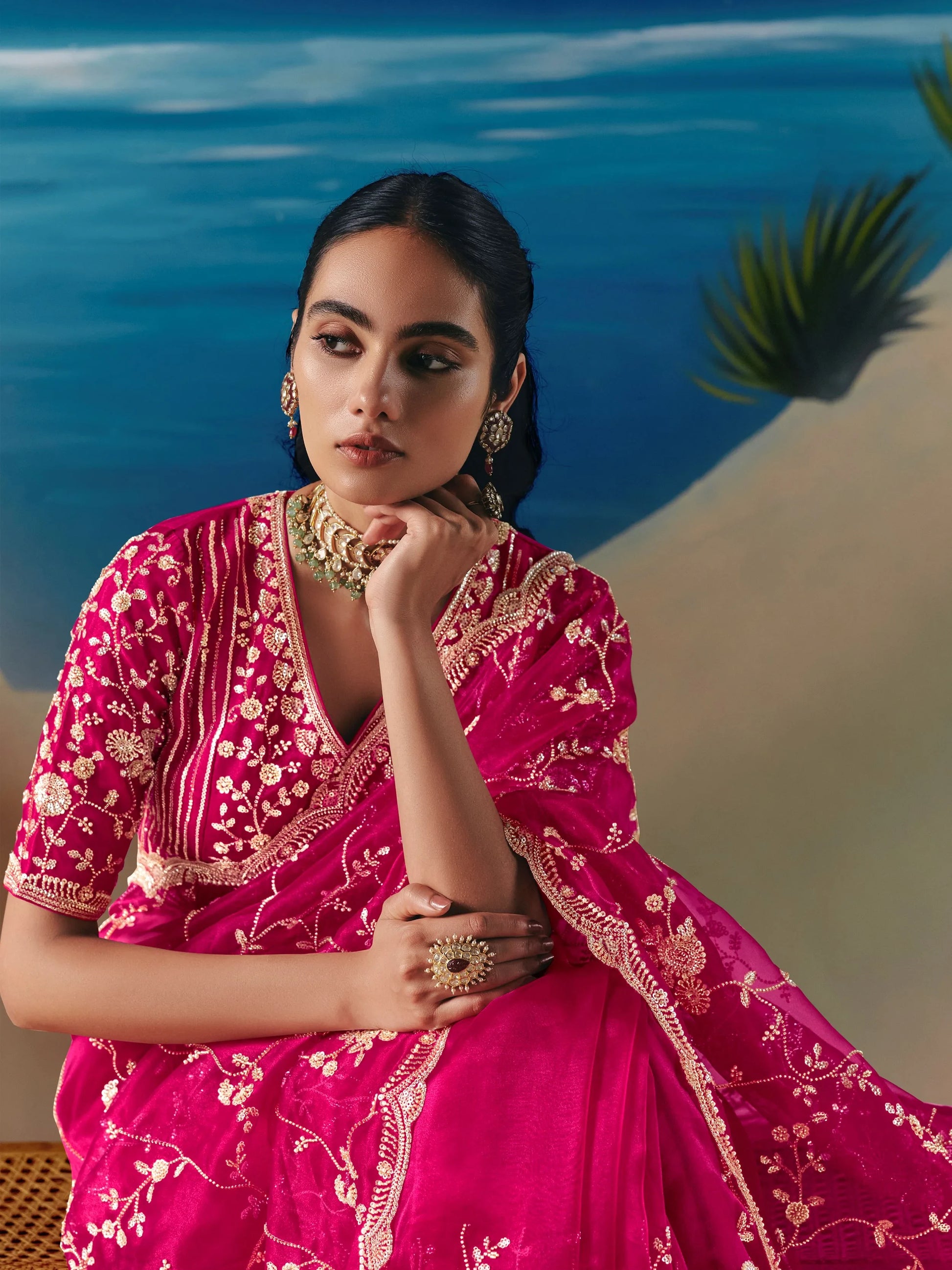 Fabulous Pink Heavy Embroidered Georgette Engagement Wear Saree With Blouse