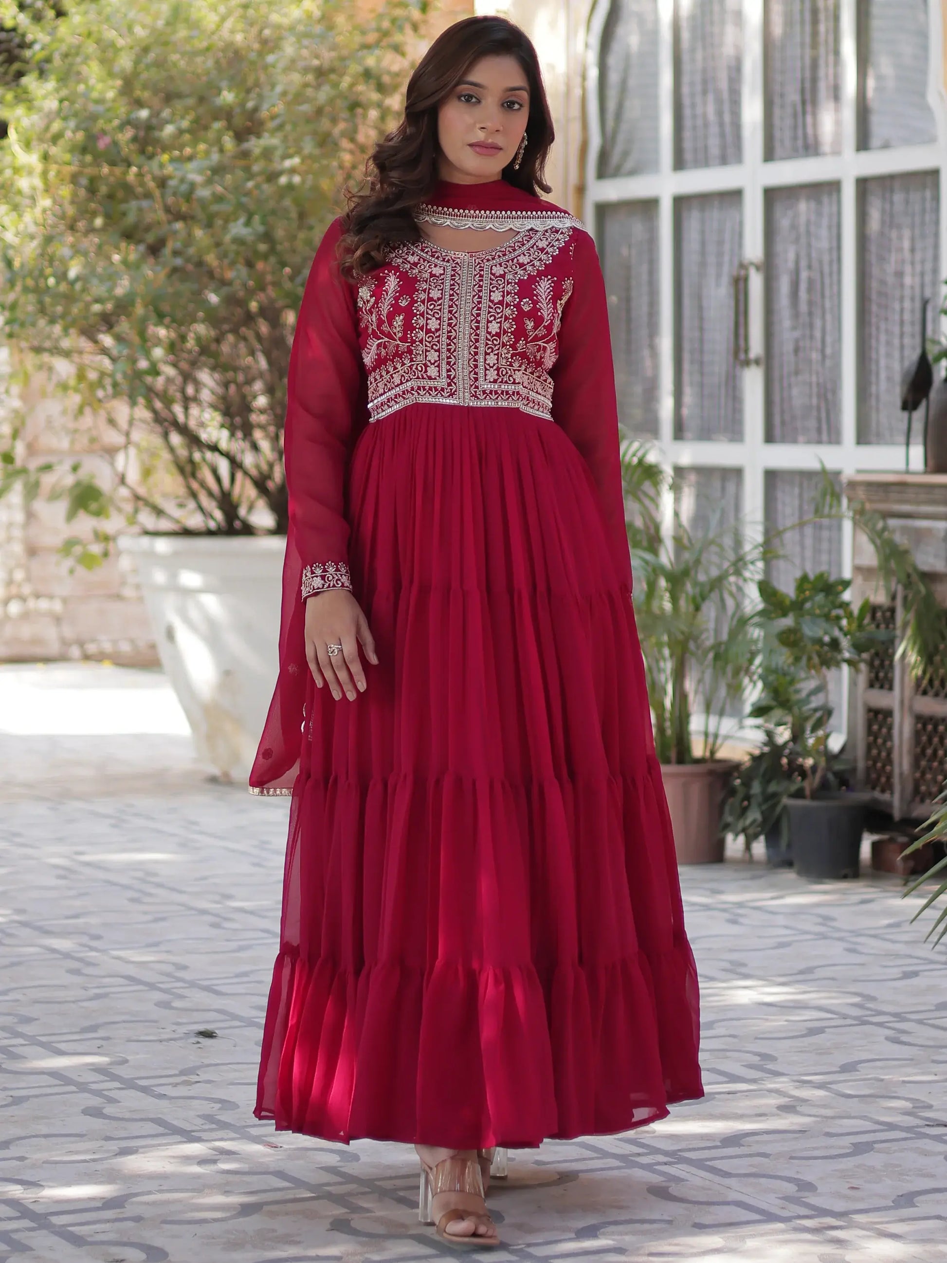Fabulous Pink Pearl Work Georgette Festive Wear Gown With Dupatta - Zeel Clothing