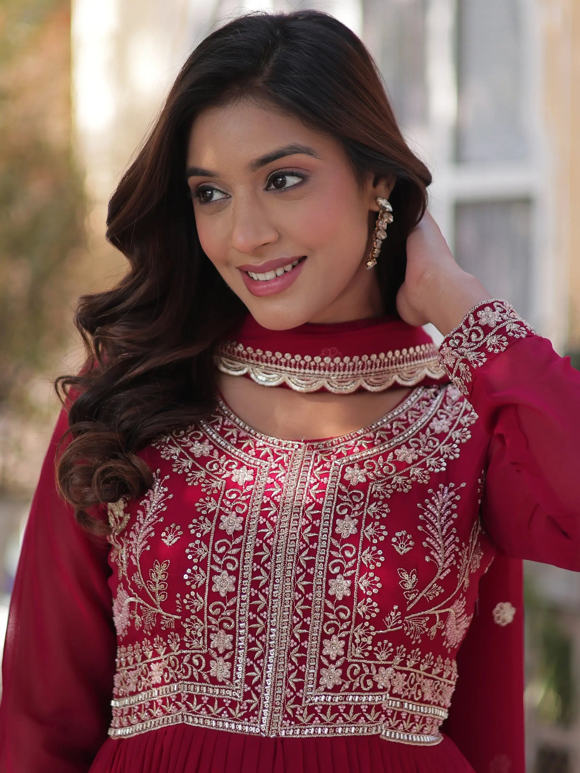Fabulous Pink Pearl Work Georgette Festive Wear Gown With Dupatta - Zeel Clothing