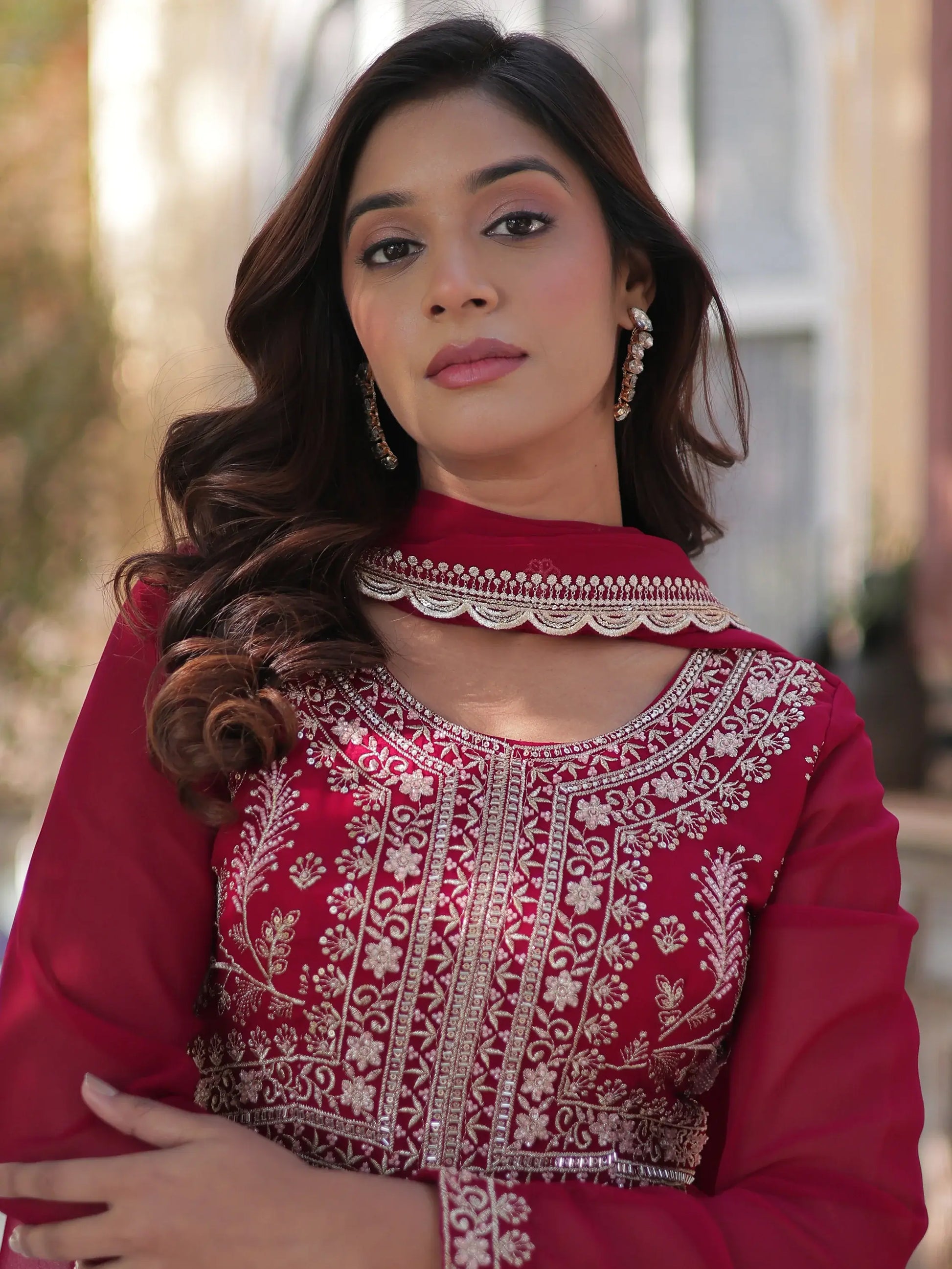 Fabulous Pink Pearl Work Georgette Festive Wear Gown With Dupatta - Zeel Clothing