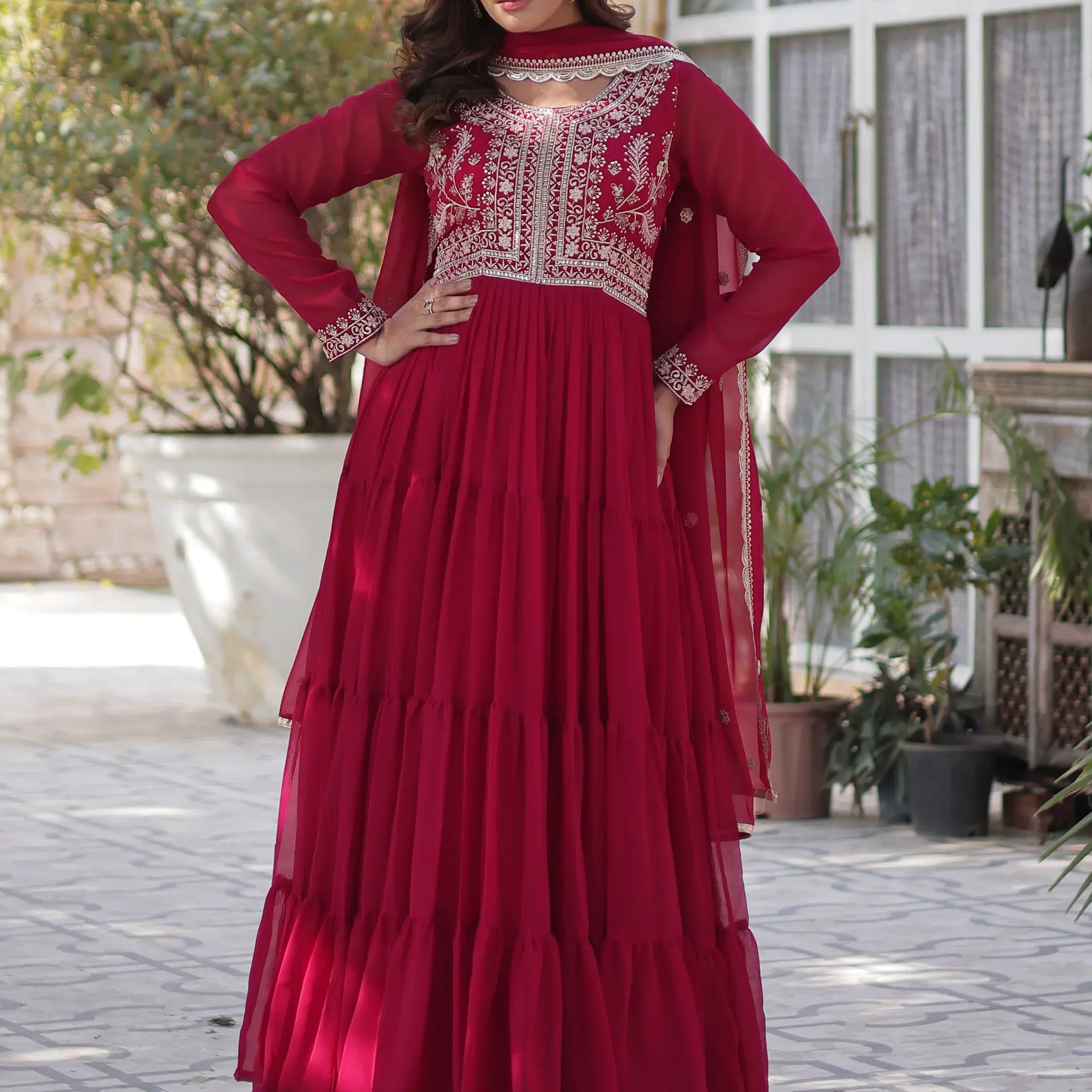 Fabulous Pink Pearl Work Georgette Festive Wear Gown With Dupatta - Zeel Clothing