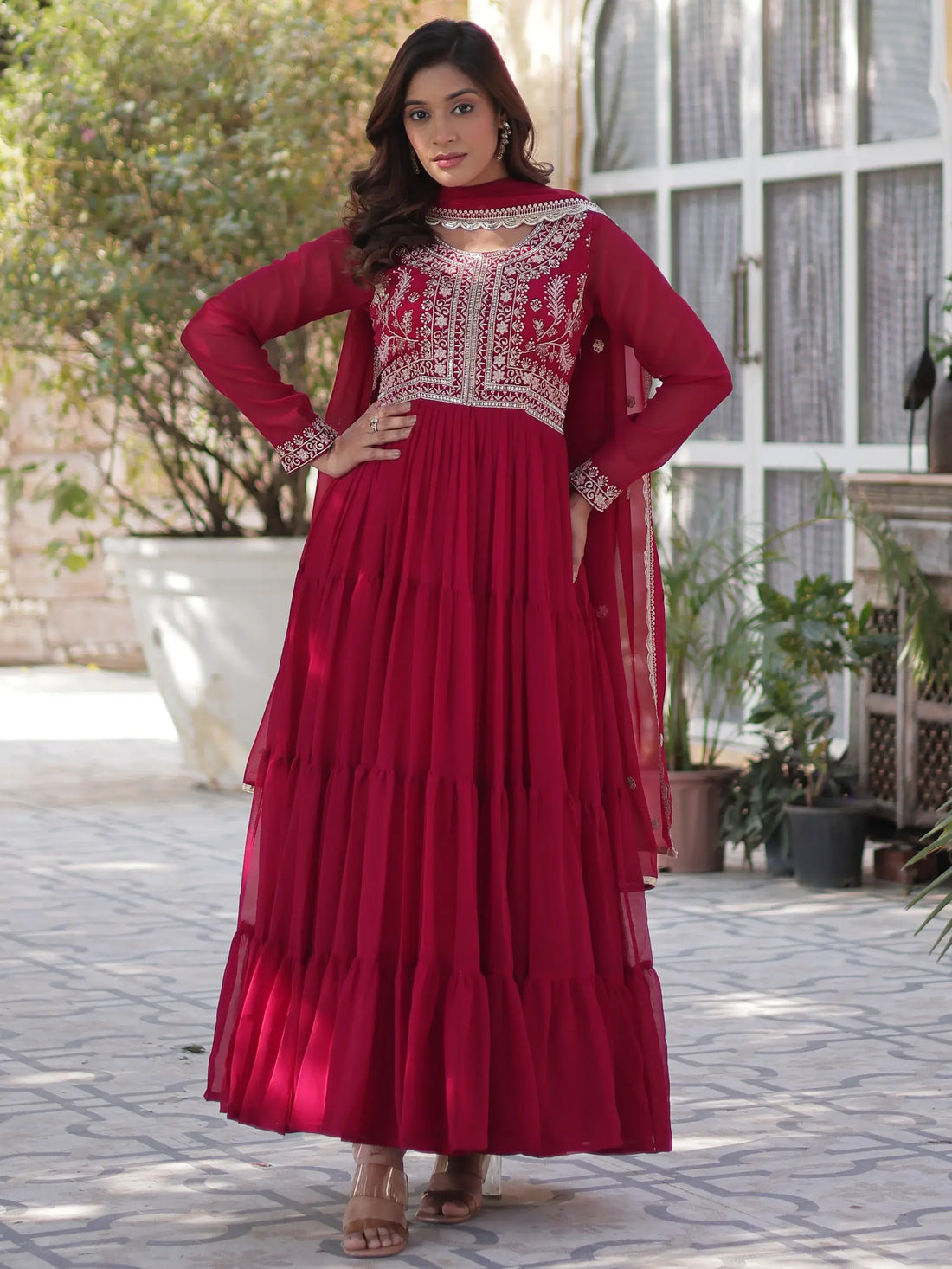 Fabulous Pink Pearl Work Georgette Festive Wear Gown With Dupatta - Zeel Clothing