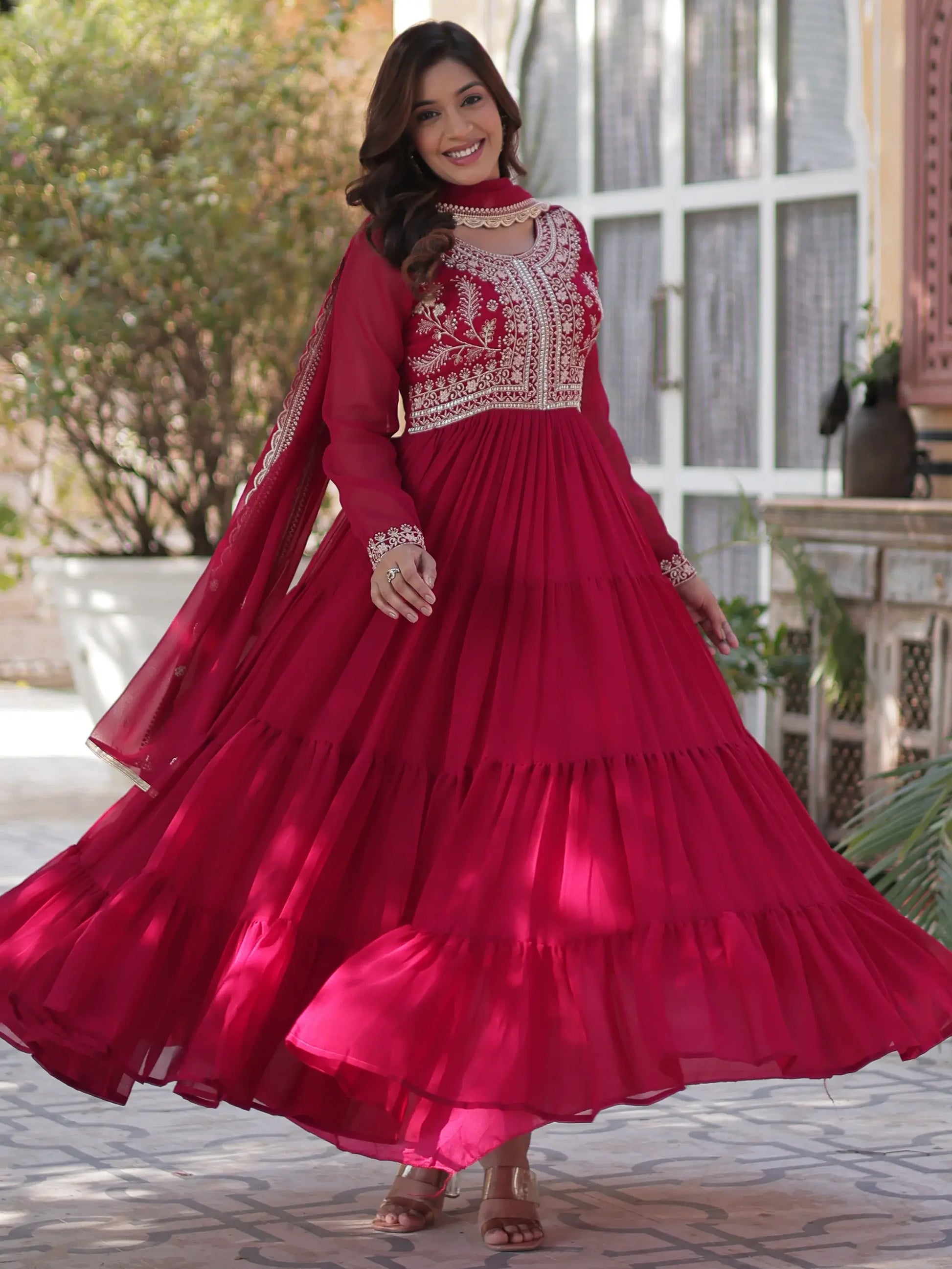 Fabulous Pink Pearl Work Georgette Festive Wear Gown With Dupatta - Zeel Clothing