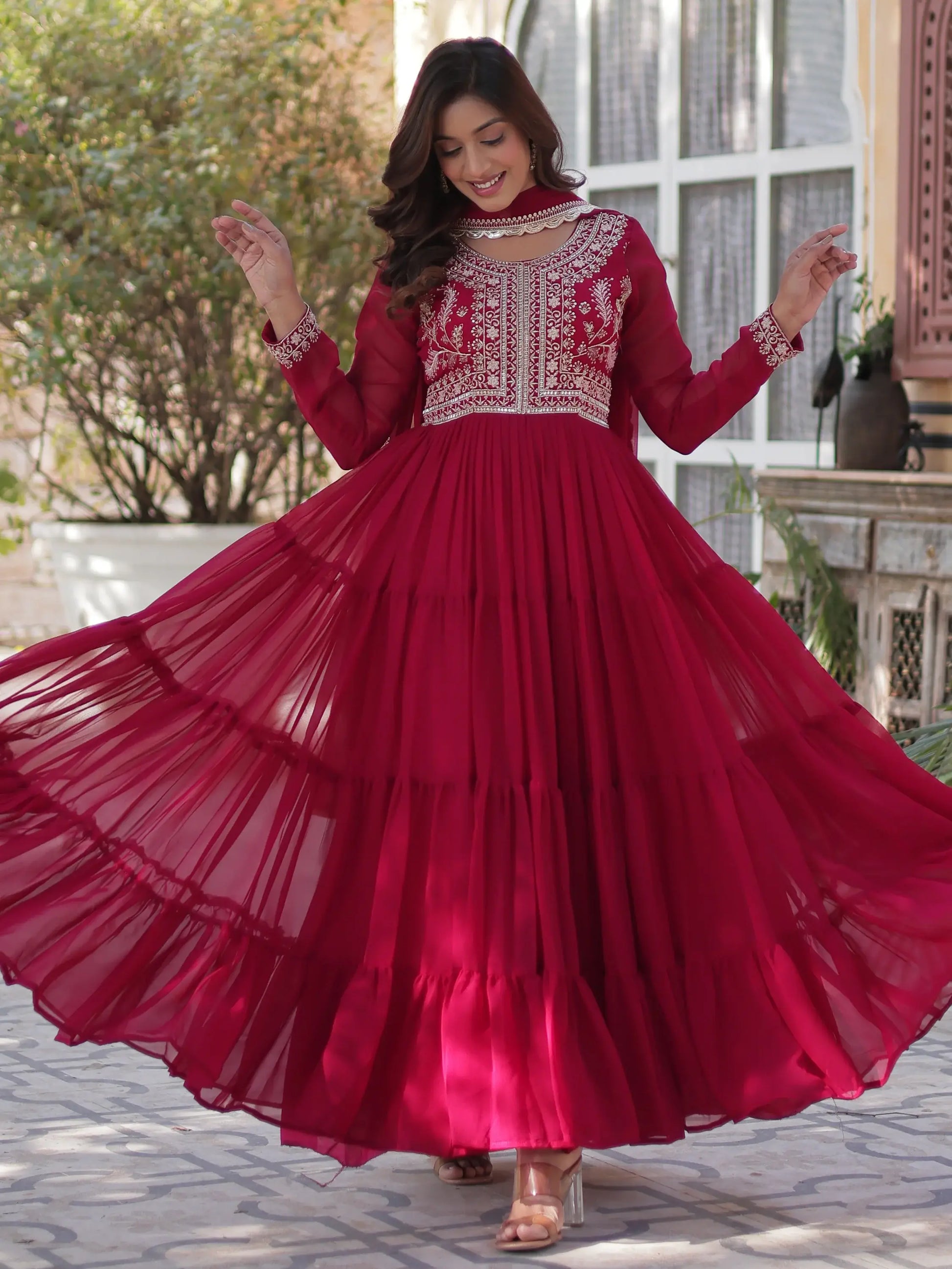 Fabulous Pink Pearl Work Georgette Festive Wear Gown With Dupatta - Zeel Clothing
