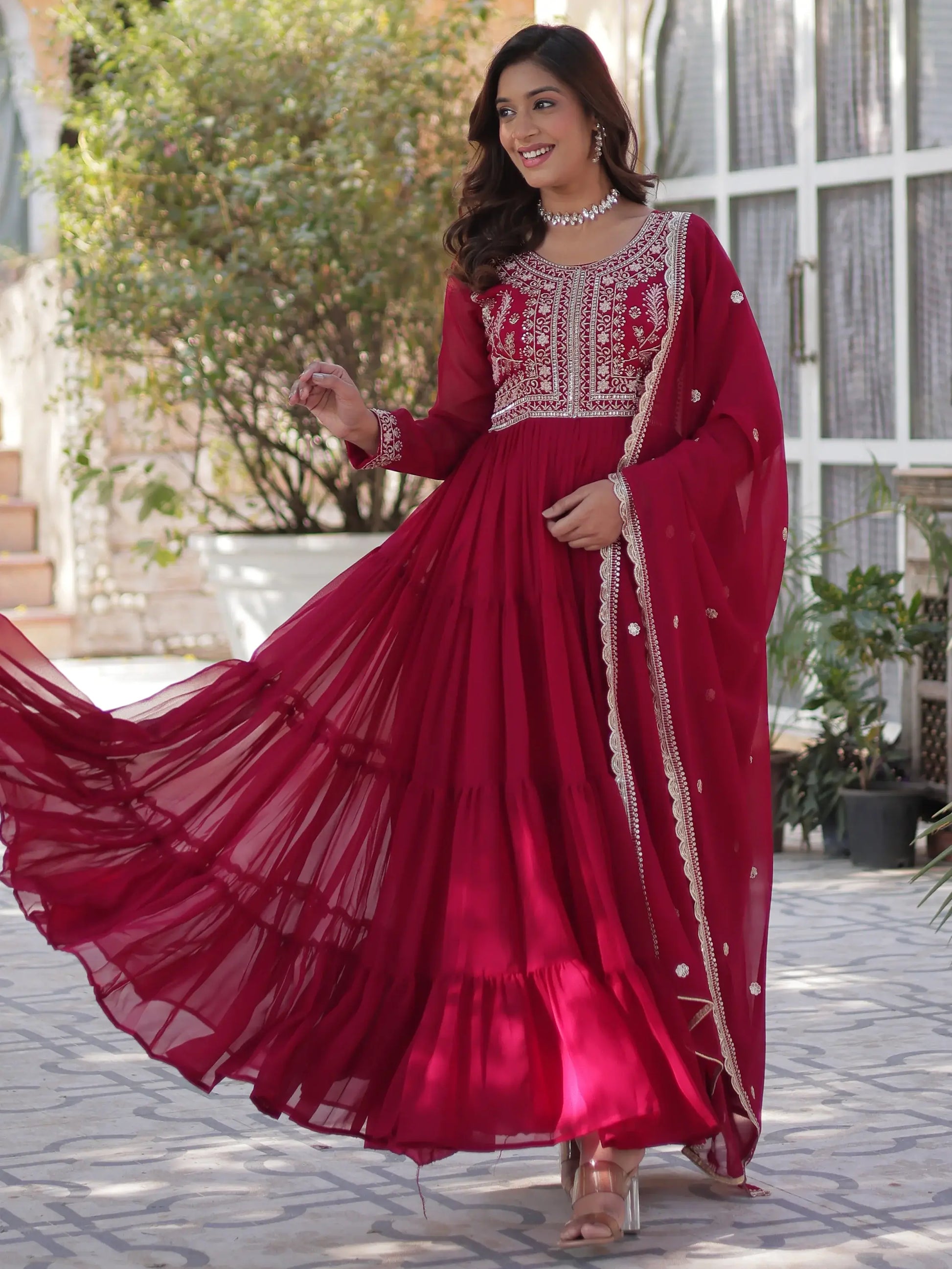 Fabulous Pink Pearl Work Georgette Festive Wear Gown With Dupatta - Zeel Clothing