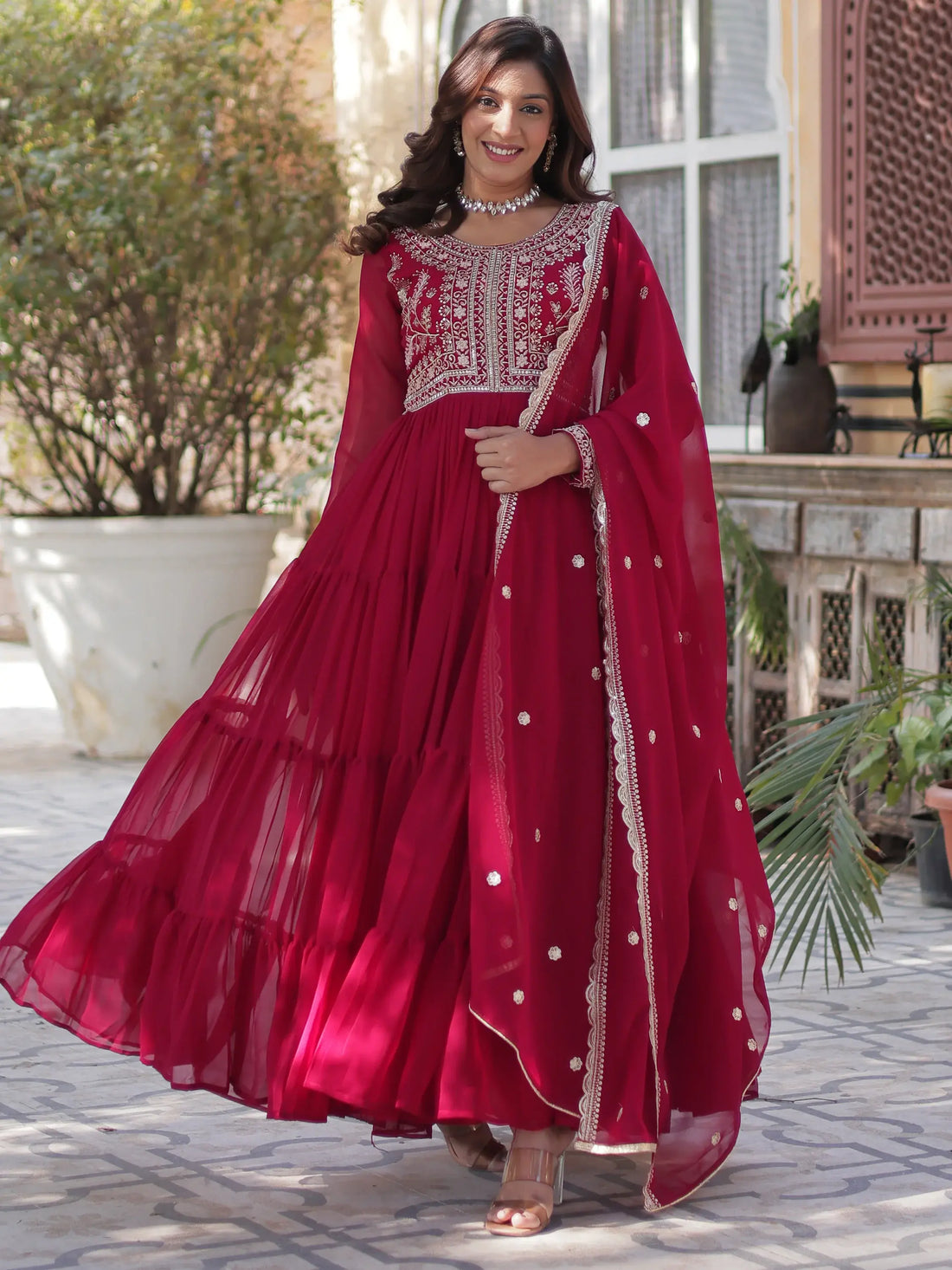 Fabulous Pink Pearl Work Georgette Festive Wear Gown With Dupatta - Zeel Clothing