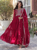 Fabulous Pink Pearl Work Georgette Festive Wear Gown With Dupatta - Zeel Clothing