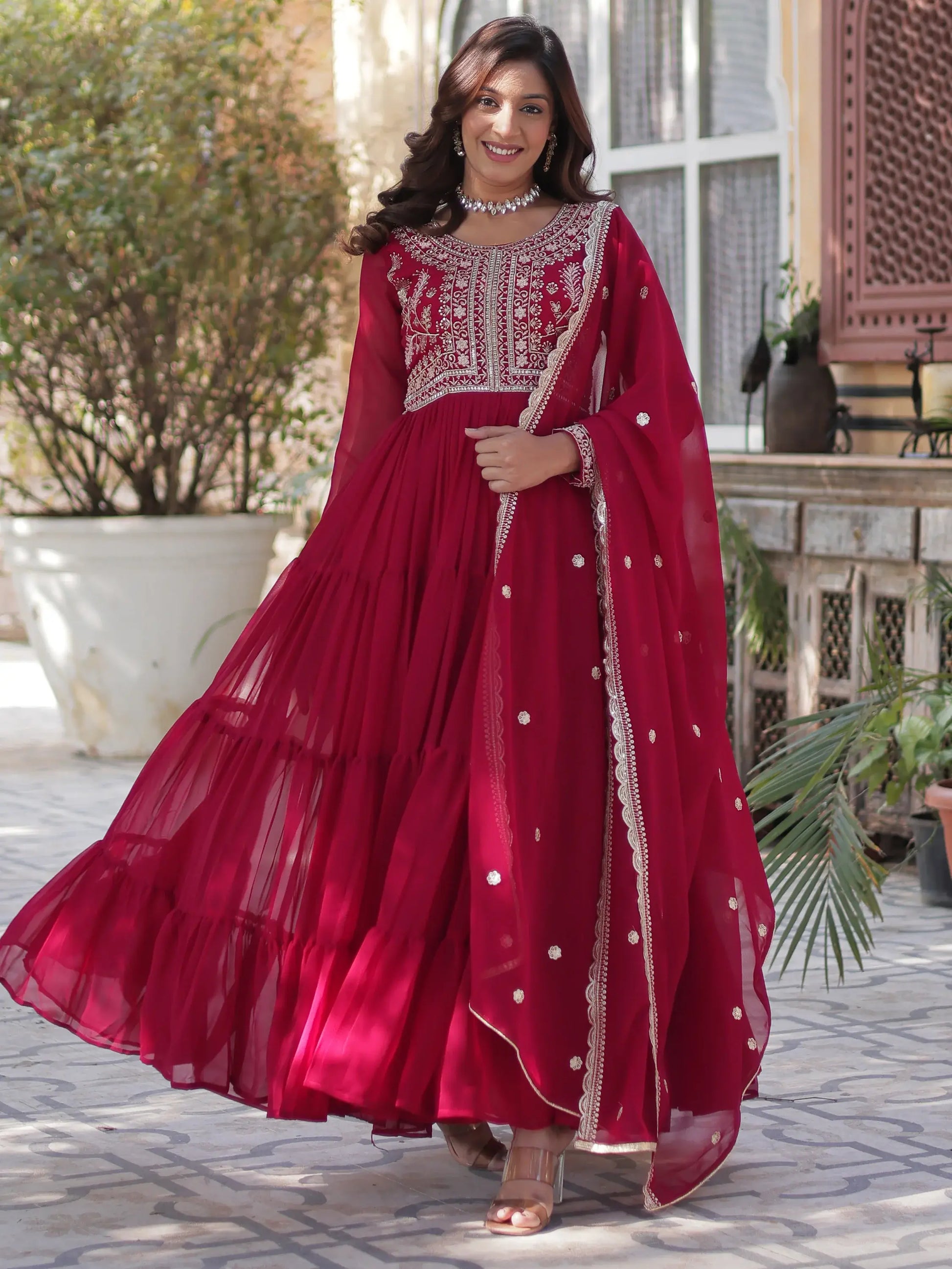 Fabulous Pink Pearl Work Georgette Festive Wear Gown With Dupatta - Zeel Clothing