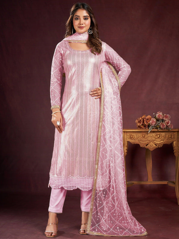 Fabulous Pink Sequins Net Party Wear Pant Suit With Dupatta