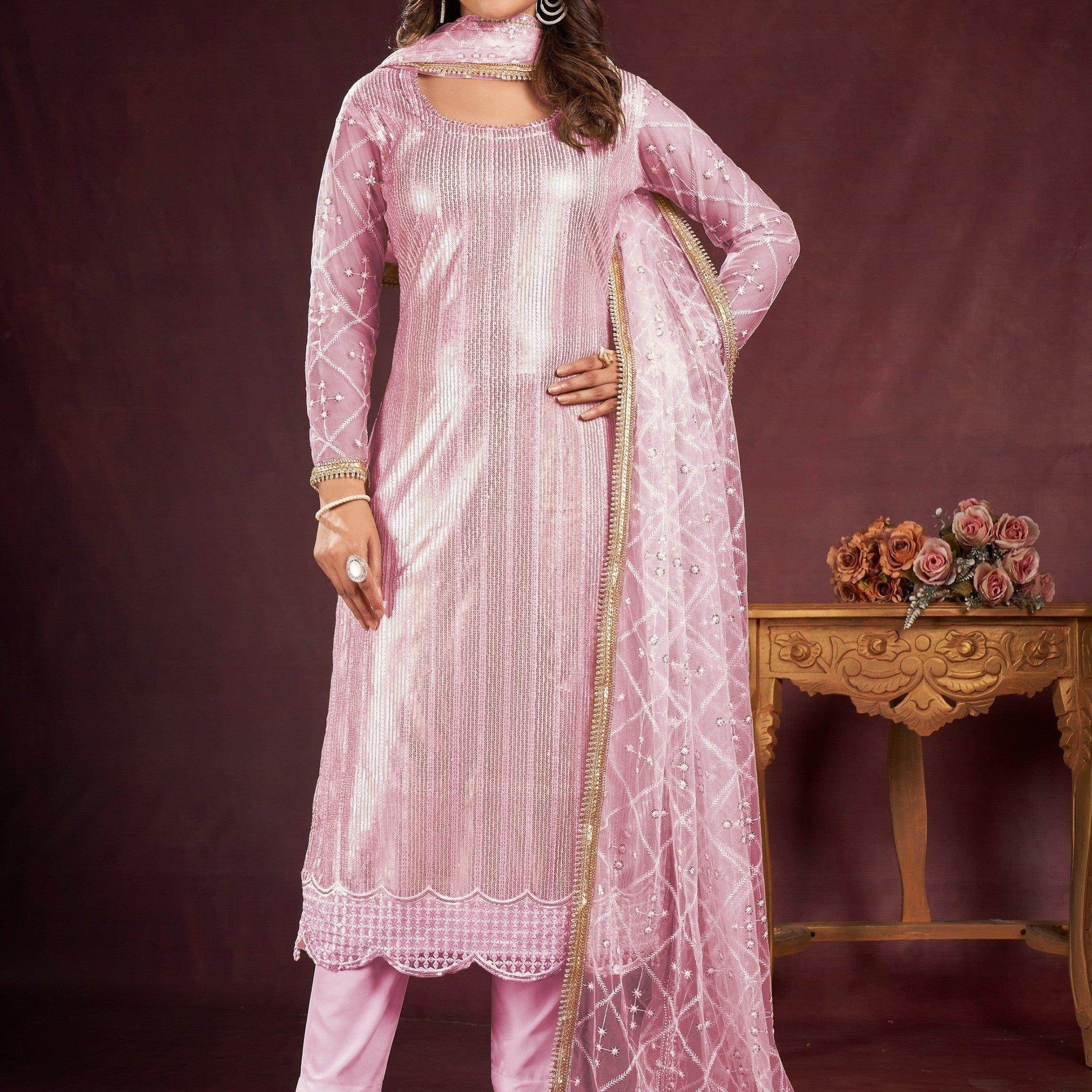 Fabulous Pink Sequins Net Party Wear Pant Suit With Dupatta - Zeel Clothing