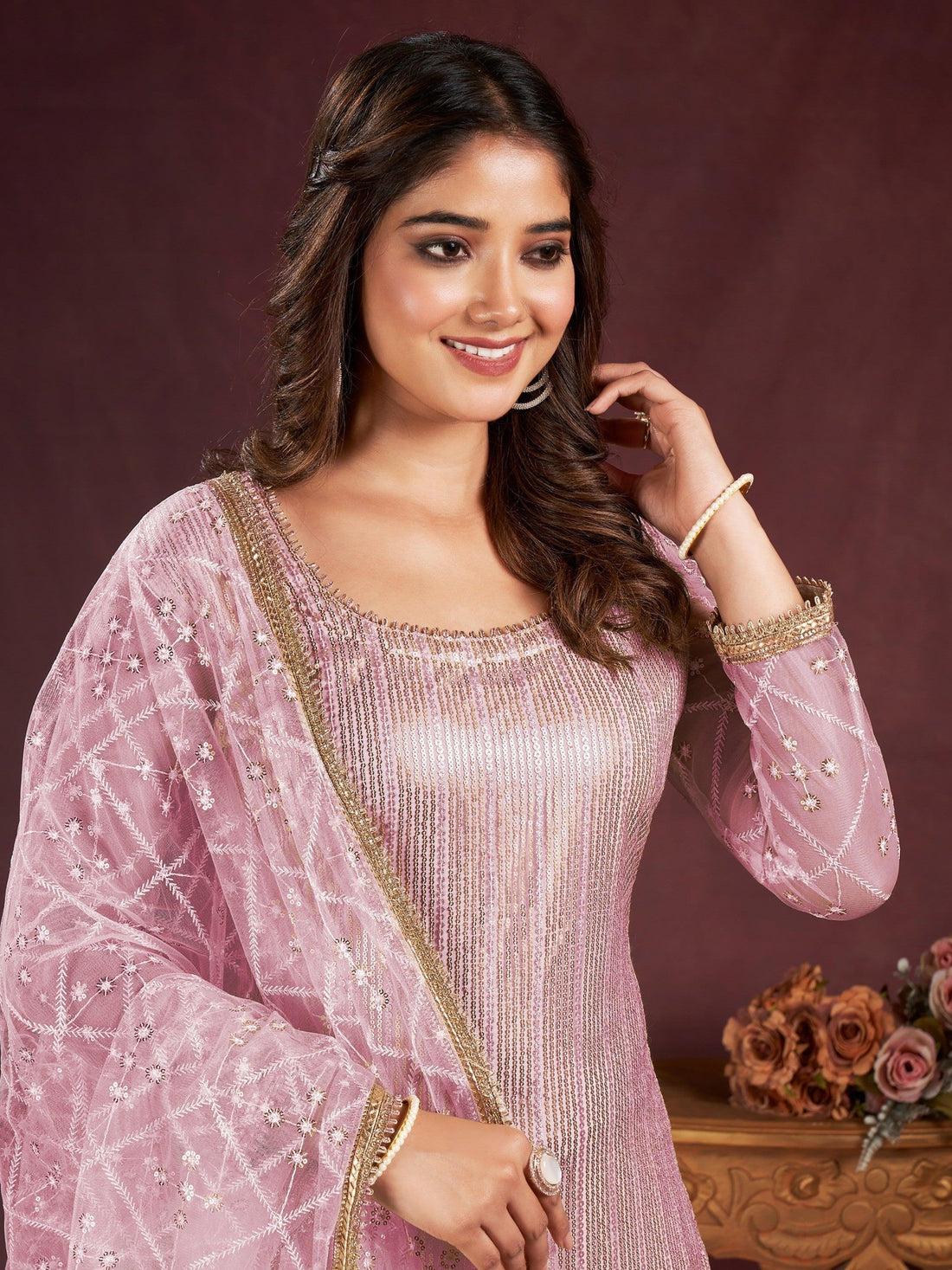 Fabulous Pink Sequins Net Party Wear Pant Suit With Dupatta