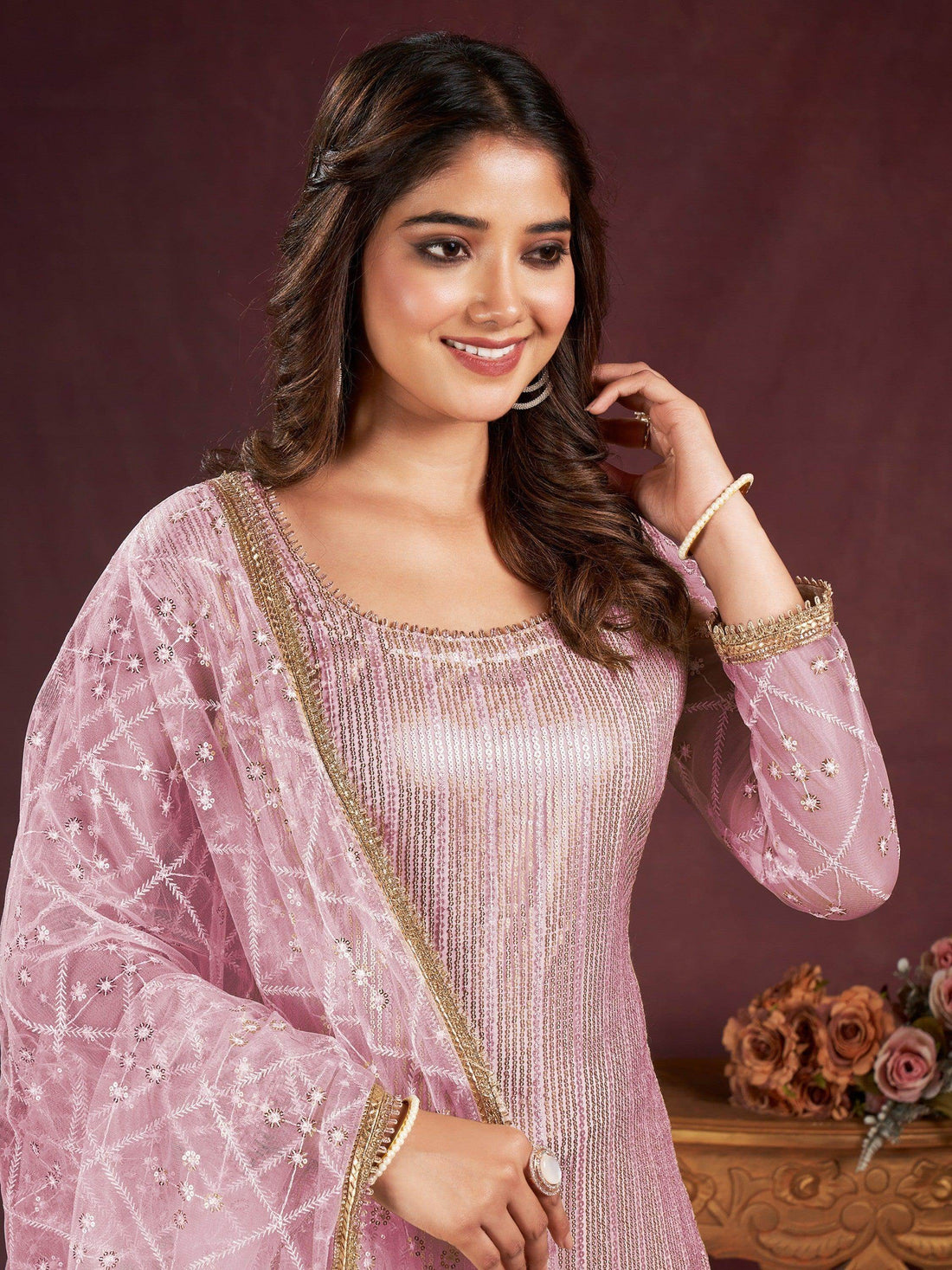 Fabulous Pink Sequins Net Party Wear Pant Suit With Dupatta - Zeel Clothing