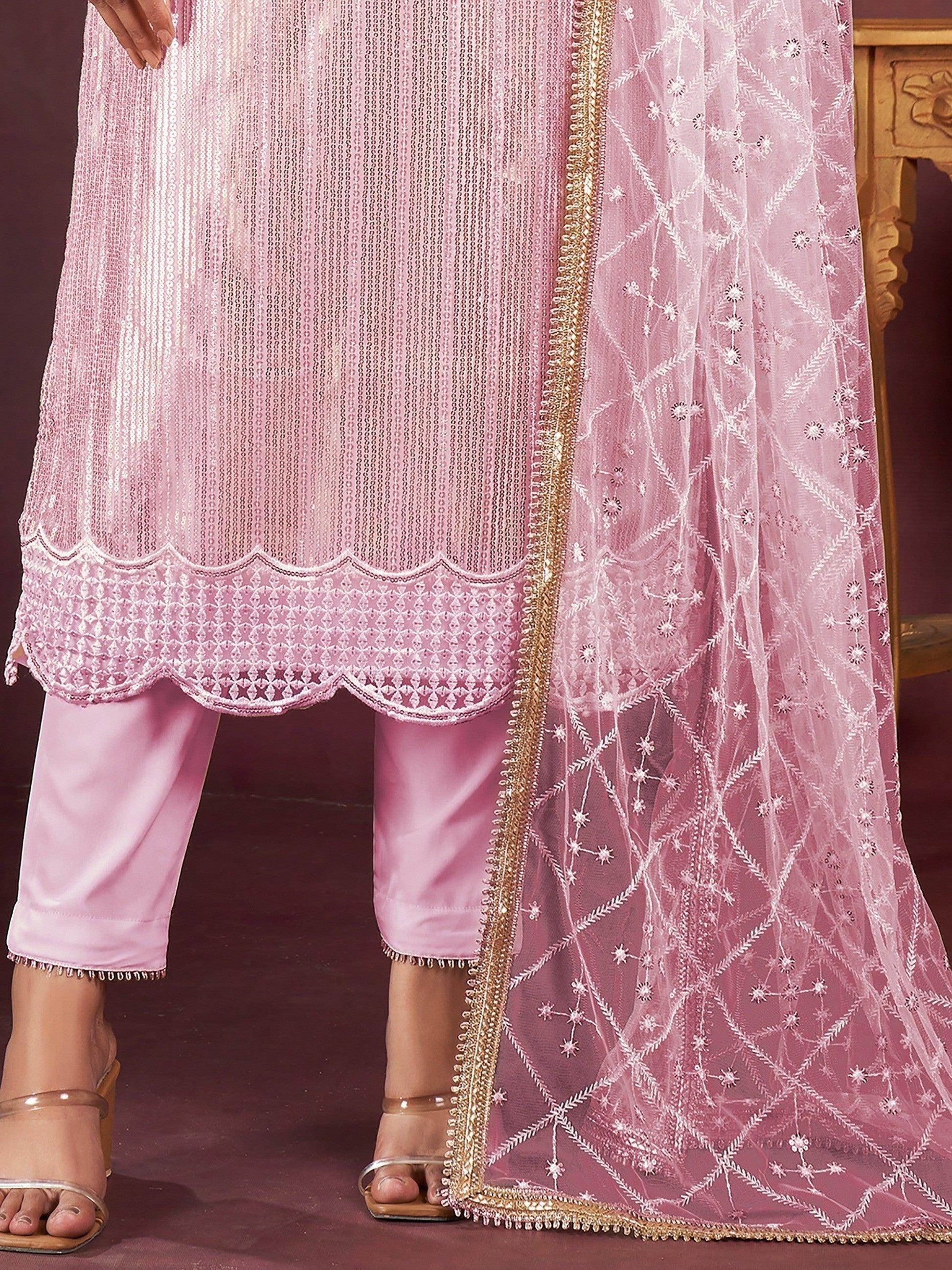 Fabulous Pink Sequins Net Party Wear Pant Suit With Dupatta - Zeel Clothing