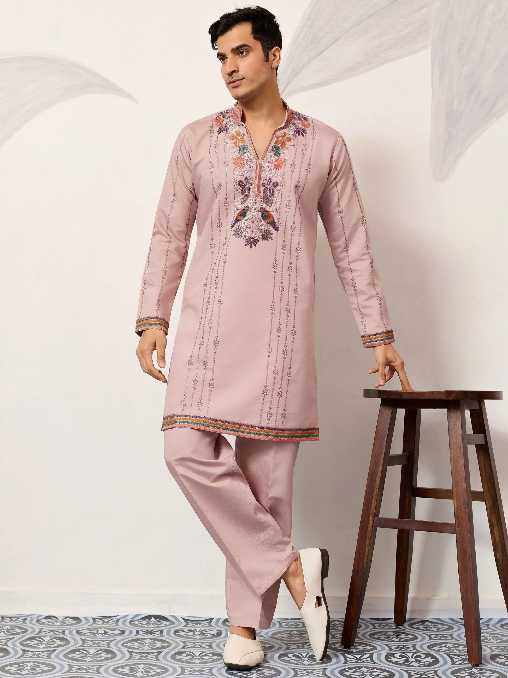 Fabulous Pink Sequins Work Viscose Silk Events Wear Men’s Kurta