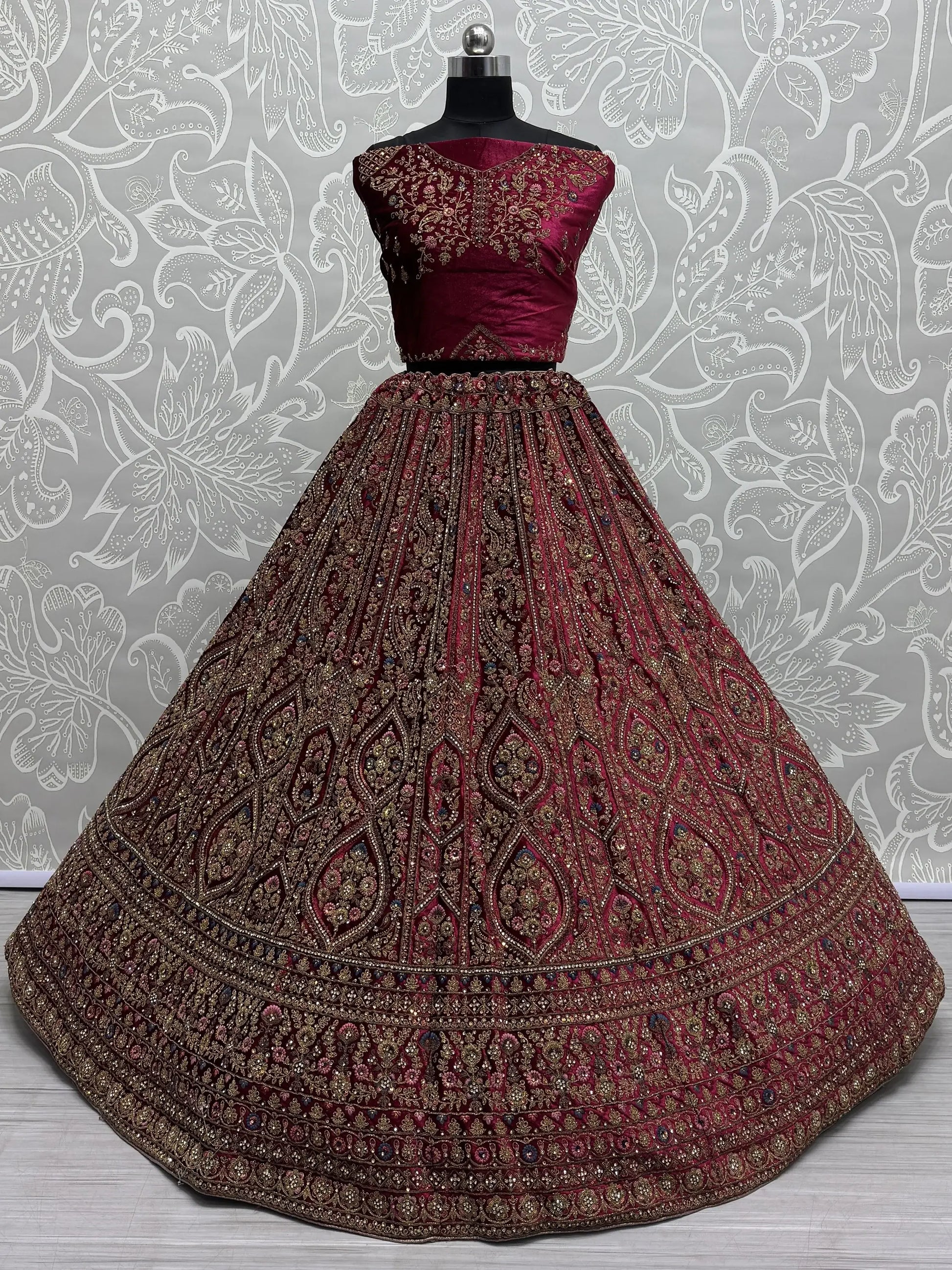Fabulous Pink Velvet Bridal Lehenga Choli With Double Dupatta - Zeel Clothing