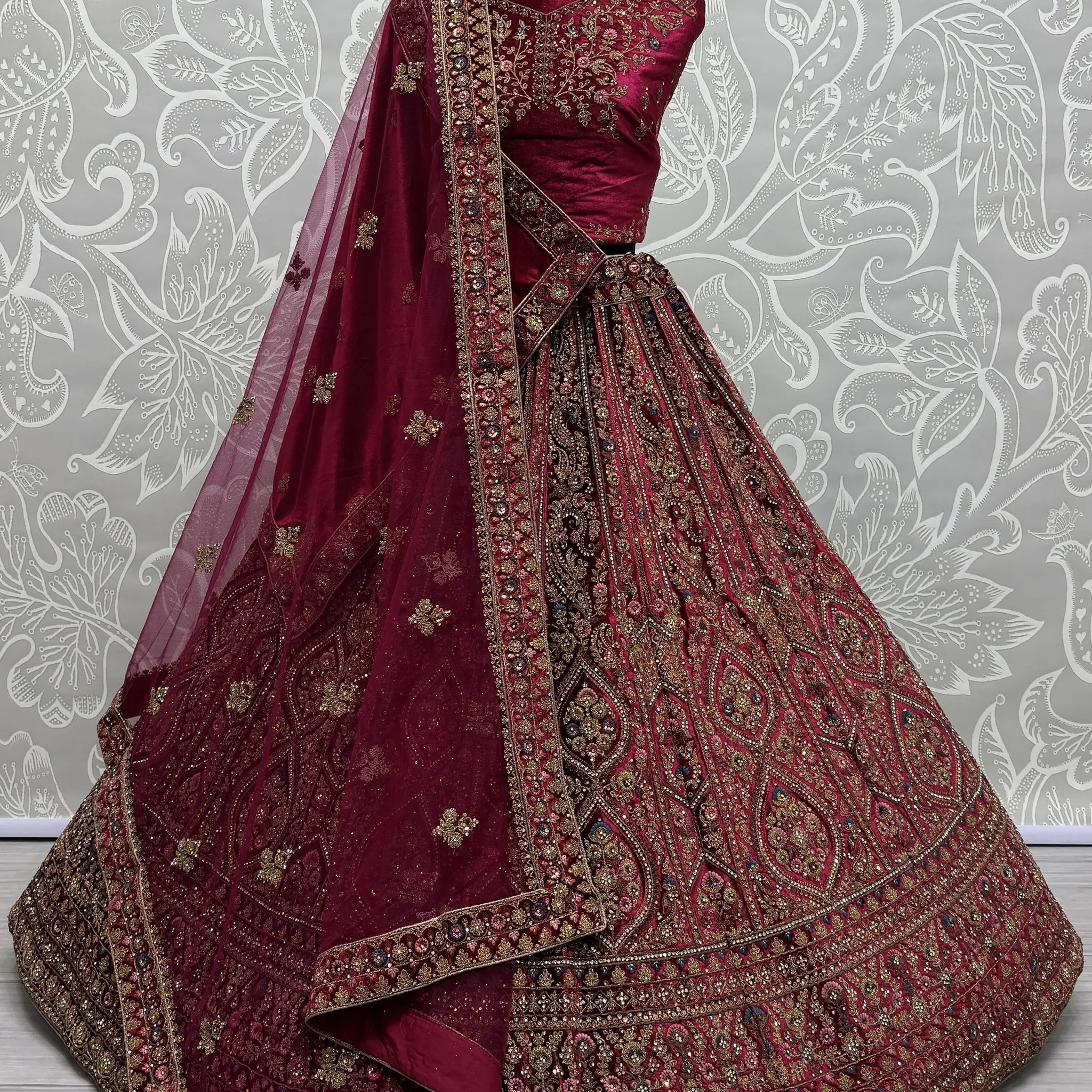 Fabulous Pink Velvet Bridal Lehenga Choli With Double Dupatta - Zeel Clothing