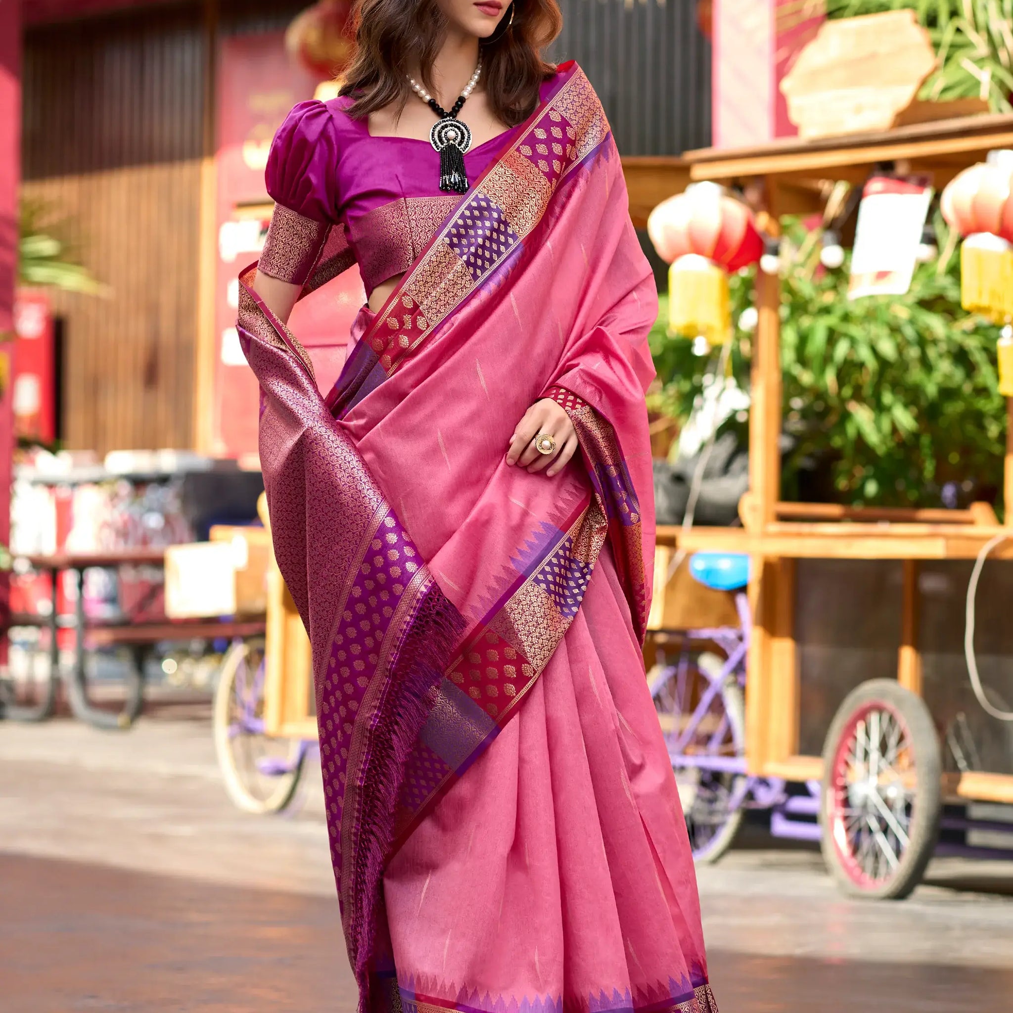 Fabulous Pink Zari Weaving Banarasi Silk Event Wear Saree With Blouse - Zeel Clothing