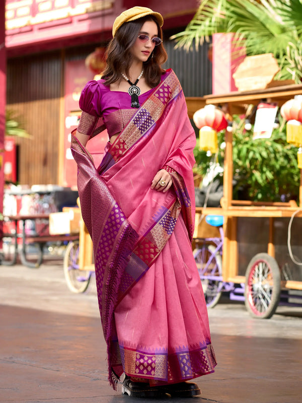 Fabulous Pink Zari Weaving Banarasi Silk Event Wear Saree With Blouse - Zeel Clothing