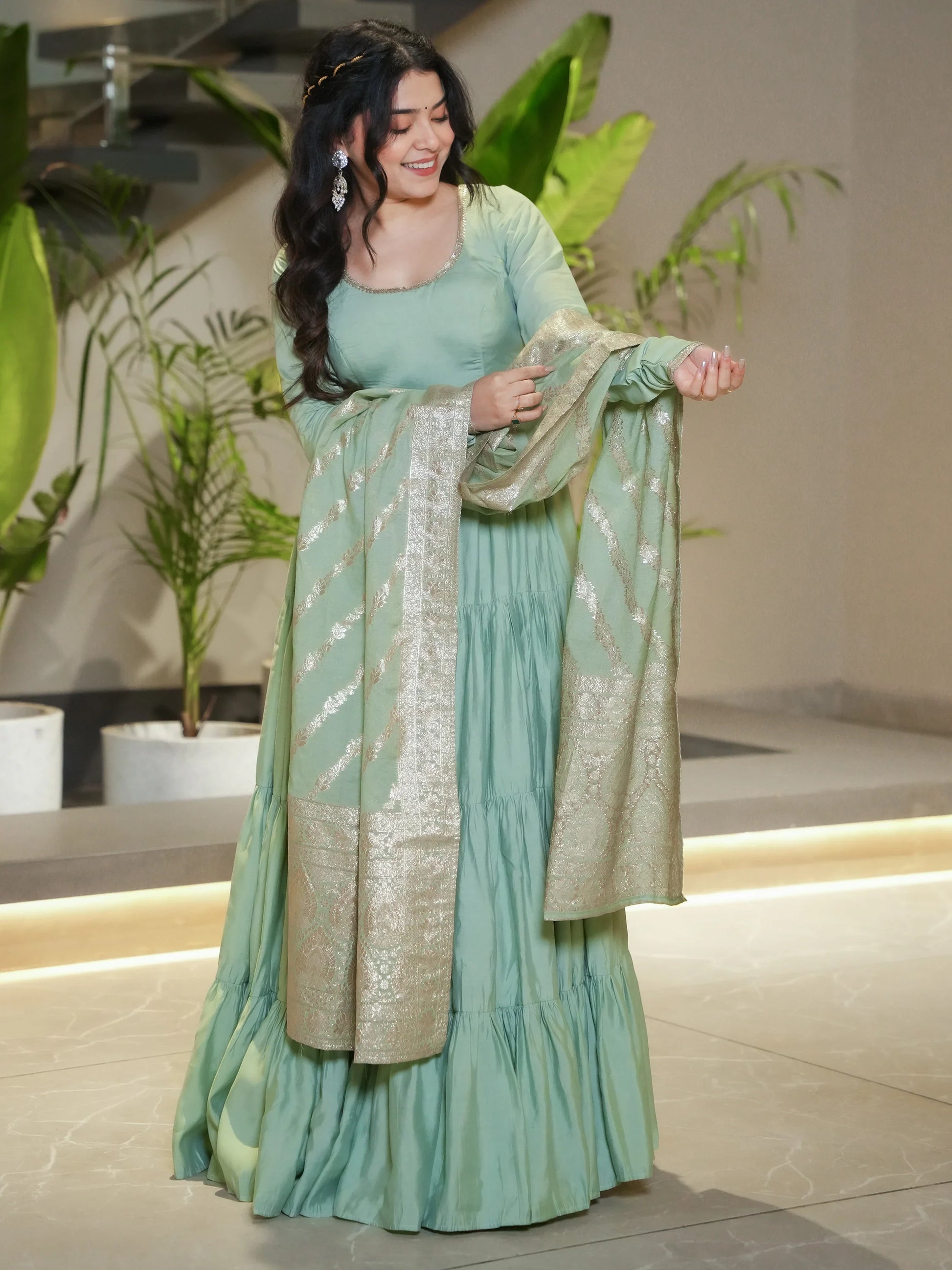 Fabulous Pista Green Chanderi Anarkali Suit With Banarasi Silk Dupatta - Zeel Clothing