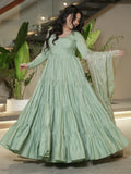 Fabulous Pista Green Chanderi Anarkali Suit With Banarasi Silk Dupatta - Zeel Clothing